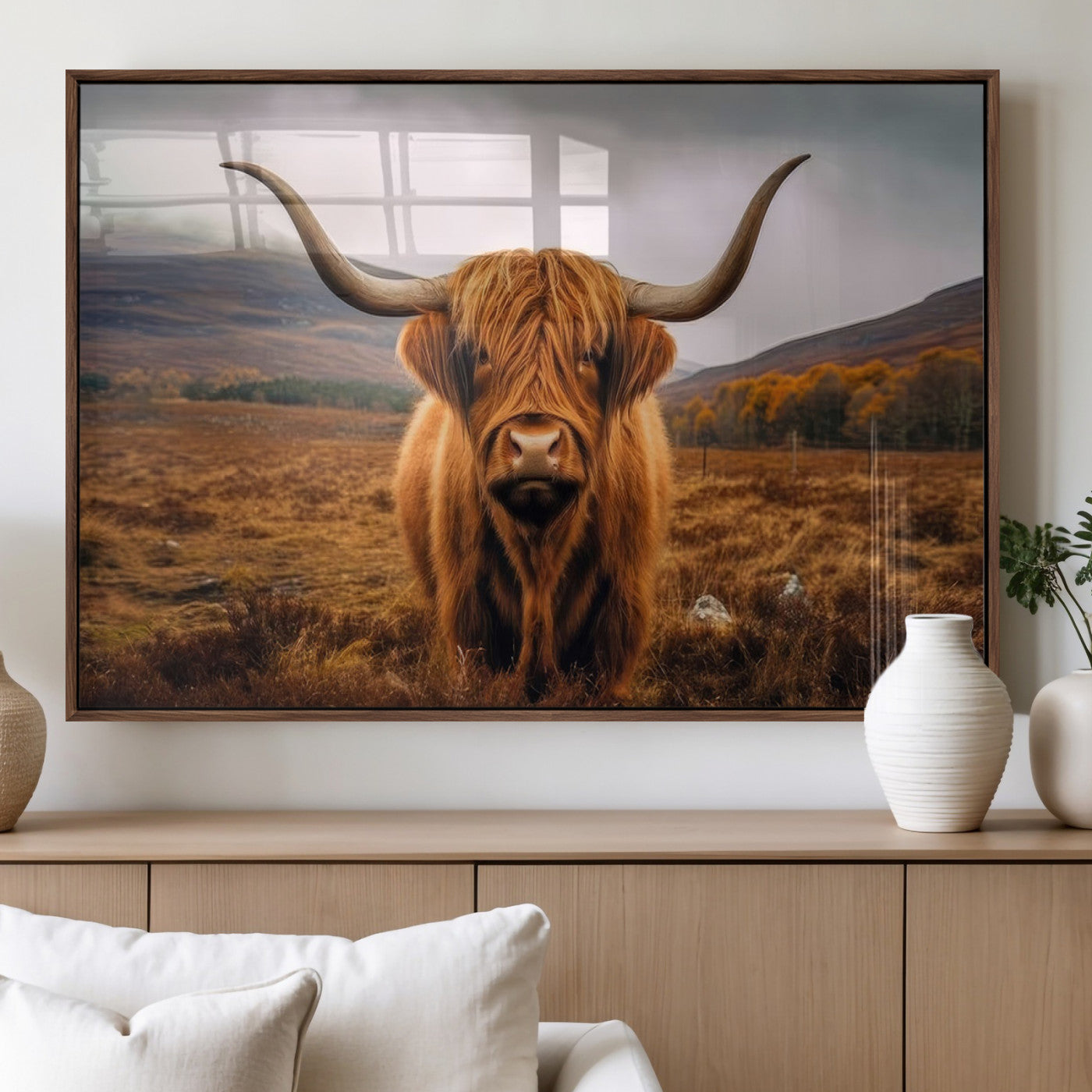 65529-MGV-FP-60X30-3P_Walnut-Highland Cow Wall Art – Rustic Canvas Print Colorful Cattle Portrait Autumn Countryside, Farmhouse Country Decor for Living Room,