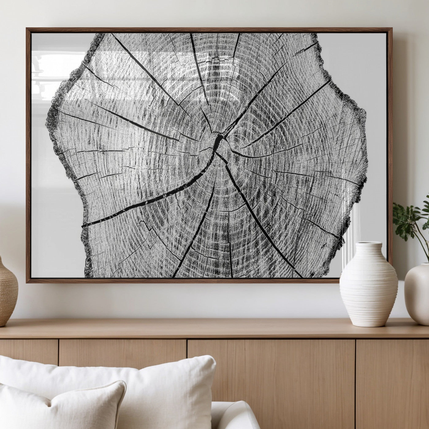 98709-MGV-FP-60X30-3P_Walnut-Tree Ring Wall Art – Black and White Canvas Print Rustic Wood Cross Section, Minimal Nature Inspired Decor for Living Room,