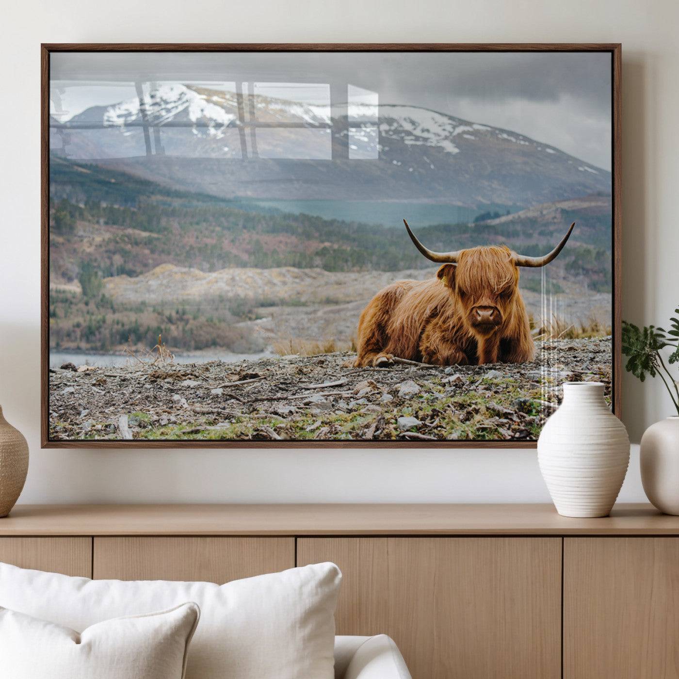 80252-MGV-FP-60X30-3P_Walnut-Scottish Cow Wall Art Canvas Print, Framed Highland Cow Art Picture Print, Highland Cattle Perfect Rustic Farmhouse Decor Artwork