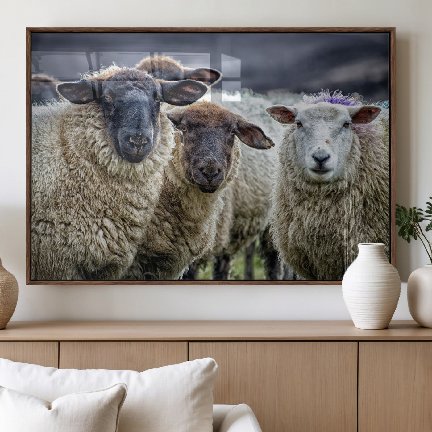 18418-MGV-FP-60X30-3P_Walnut-Sheep Wall Art Canvas Print, Framed Farmhouse Sheep Art Picture Print, Sheep Herd Perfect Rustic Farmhouse Decor Artwork