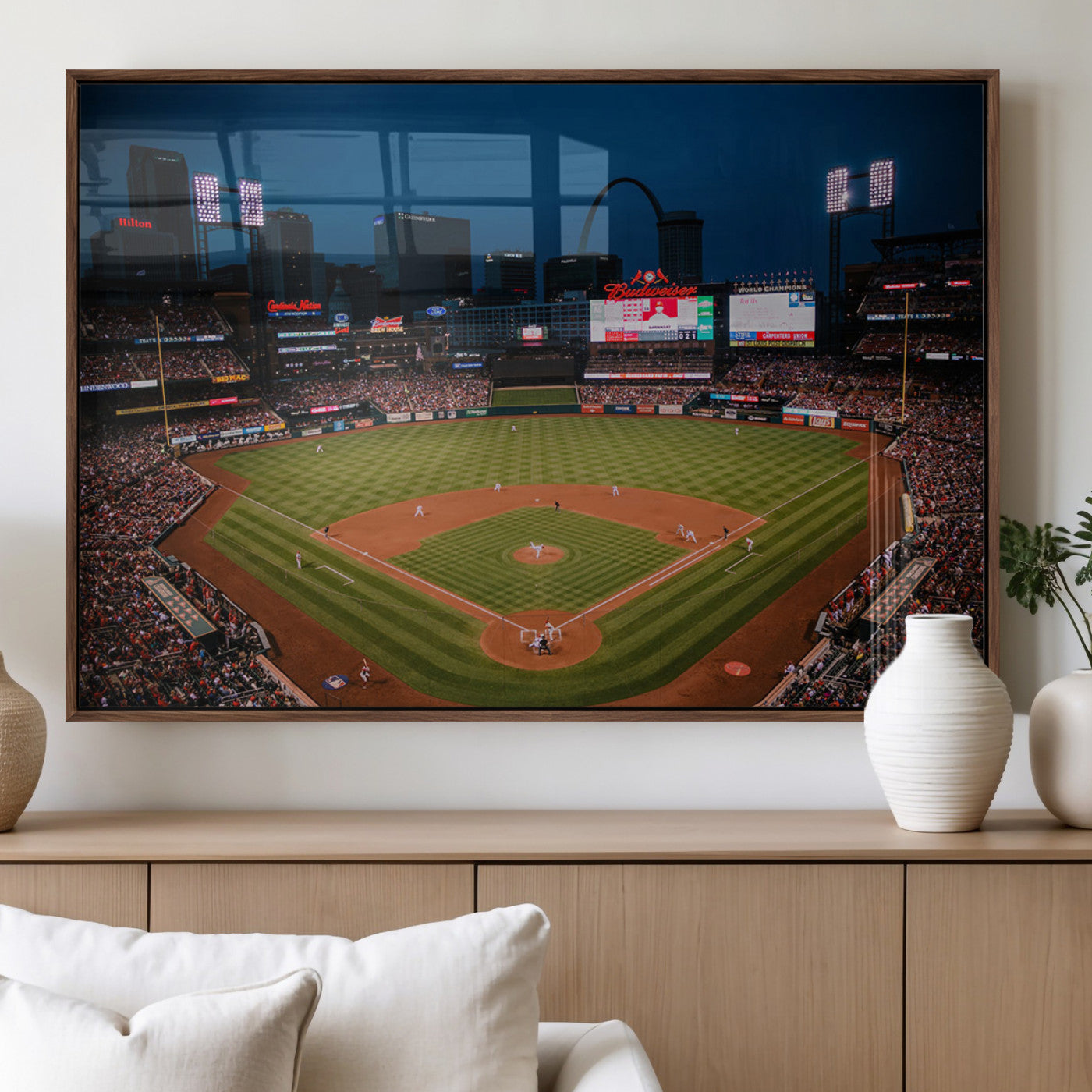 38612-MGV-FP-60X30-3P_Walnut-Busch Stadium Wall Art Canvas Print, Framed Missouri Stadium Art Picture Print, Busch Stadium Field Perfect Sports Room Decor