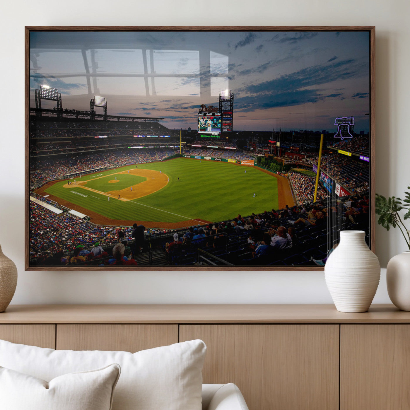 17415-MGV-FP-60X30-3P_Walnut-Philadelphia Phillies Stadium Wall Art Canvas Print, Framed Citizens Bank Park Art Picture Print, Phillies Stadium Field Perfect