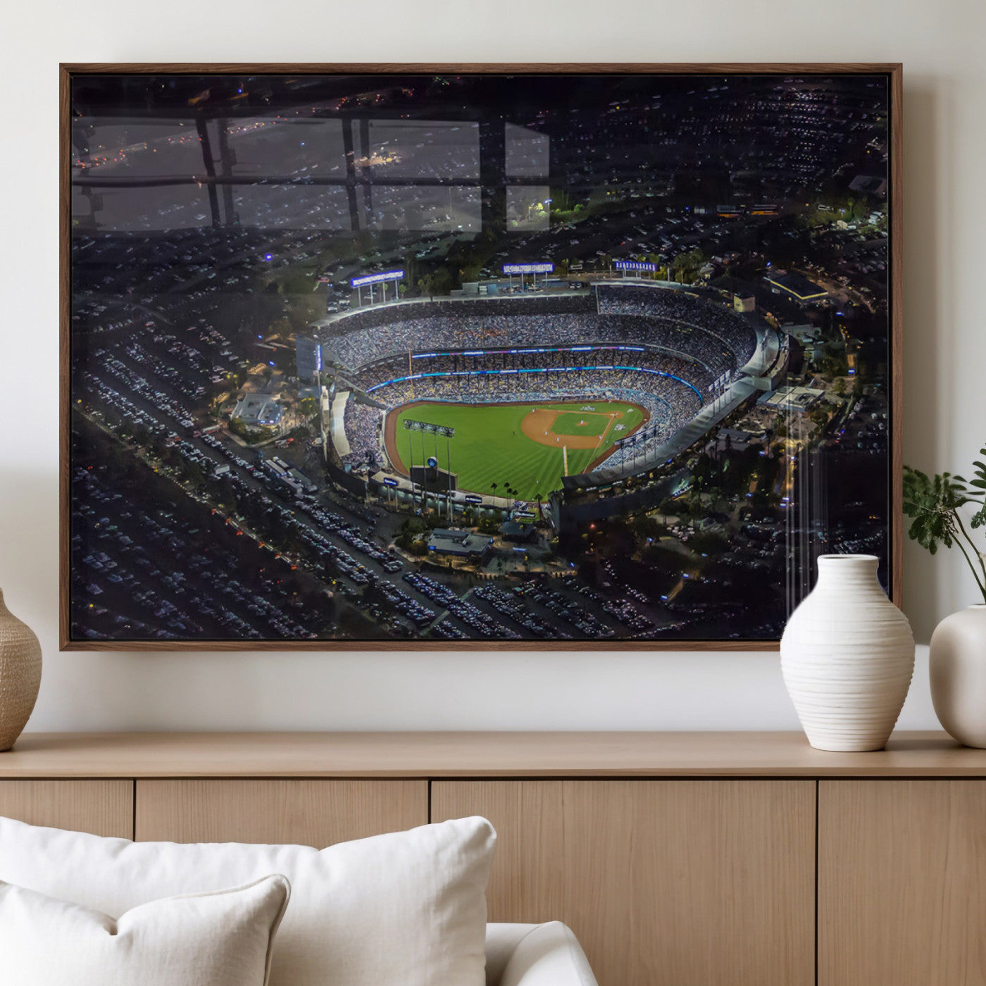 16515-MGV-FP-60X30-3P_Walnut-Dodgers Stadium Wall Art Canvas Print, Framed Baseball Stadium Art Picture Print, Dodgers Field Perfect Sport Room Decor Artwork
