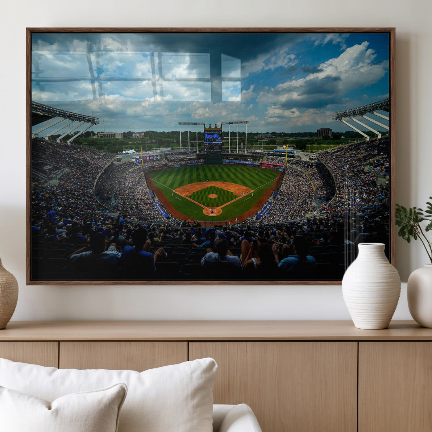 37127-MGV-FP-36X24-3P_Walnut-Kauffman Stadium Wall Art Canvas Print, Framed Kansas City Royals Field Art Picture Print, Baseball Stadium Perfect Sport Room