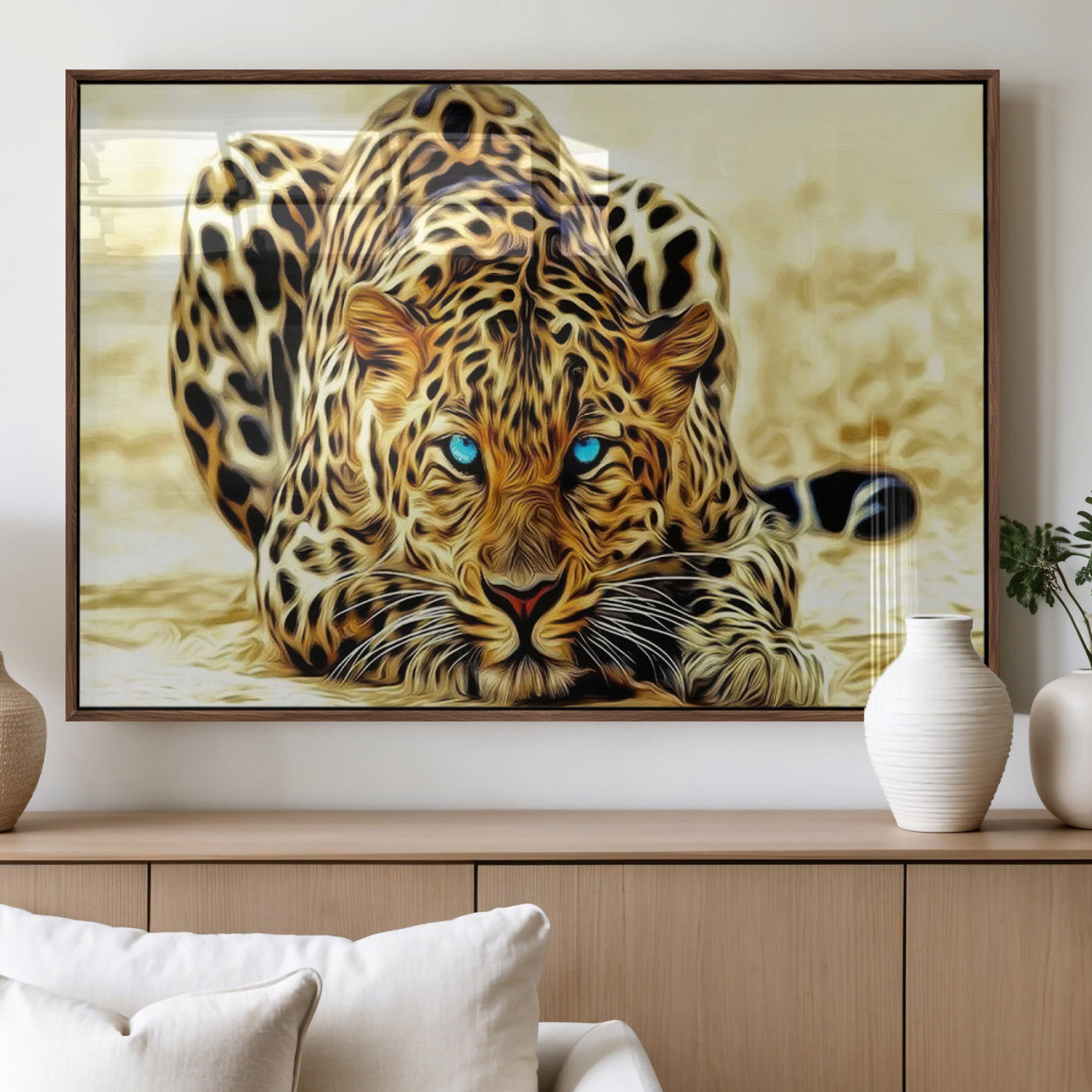 45281-MGV-FP-60X30-3P_Walnut-Blue Eye Leopard Wall Art Canvas Print, Framed Leopard Painting Art Picture Print, Big Cat Perfect Safari Wildlife Decor Artwork