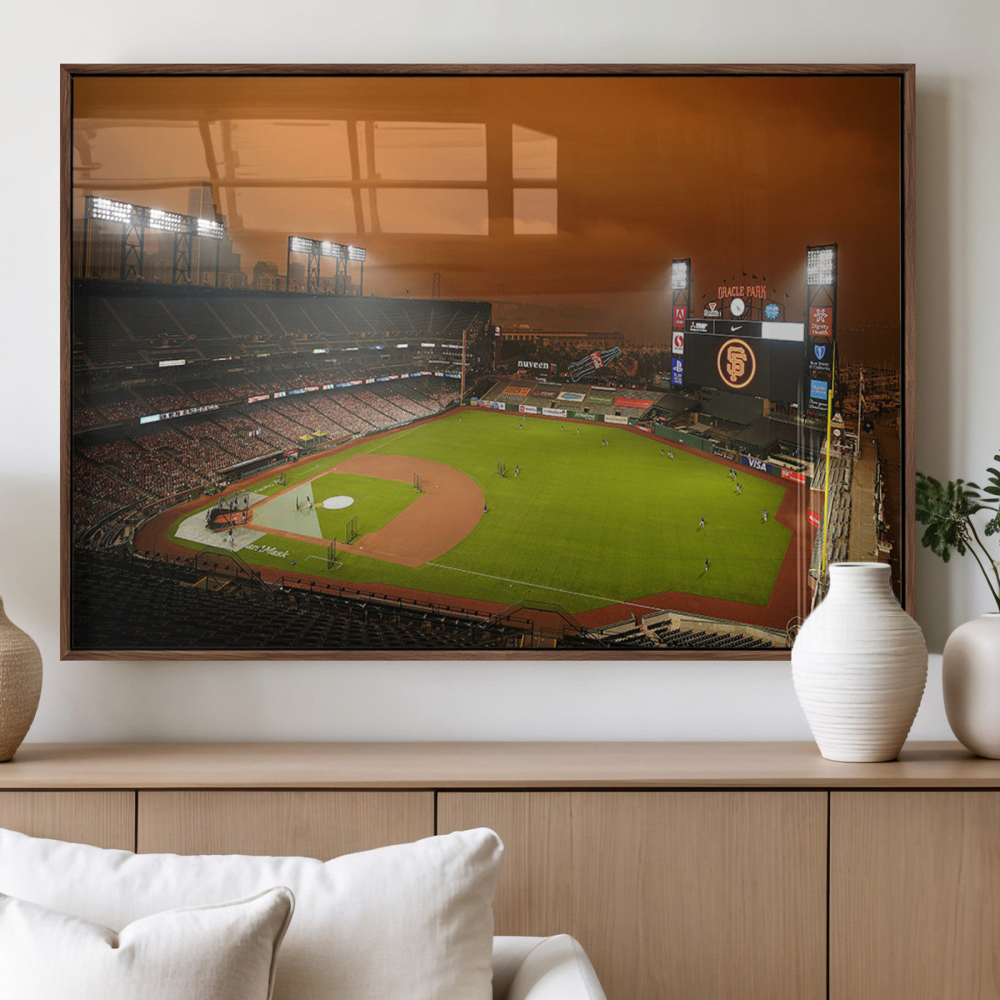 31315-MGV-FP-60X30-3P_Walnut-Oracle Park Stadium Wall Art Canvas Print, Framed California Stadium Art Picture Print, Oracle Park Field Perfect Sport Room Decor
