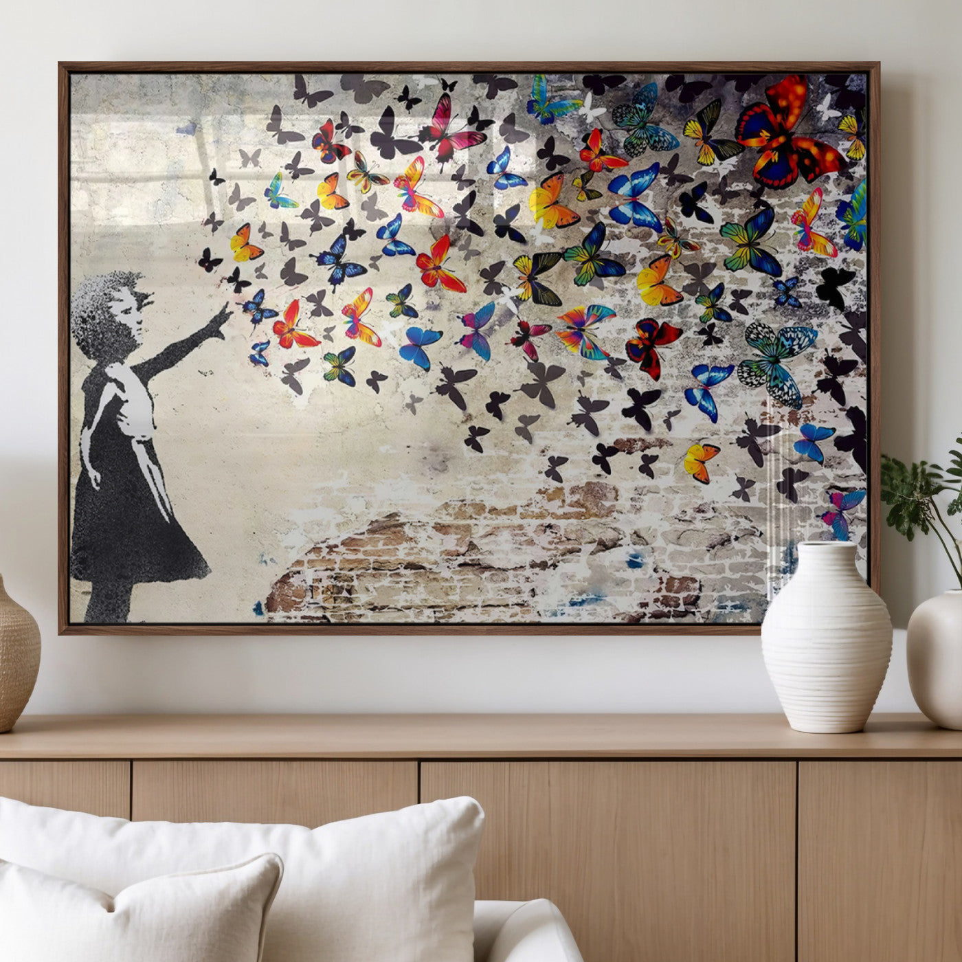 97895-MGV-FP-36X24-3P_Walnut-Girl with Butterflies Wall Art – Colorful Street Art Style Canvas Print, Modern Graffiti-Inspired Butterfly Artwork for Living