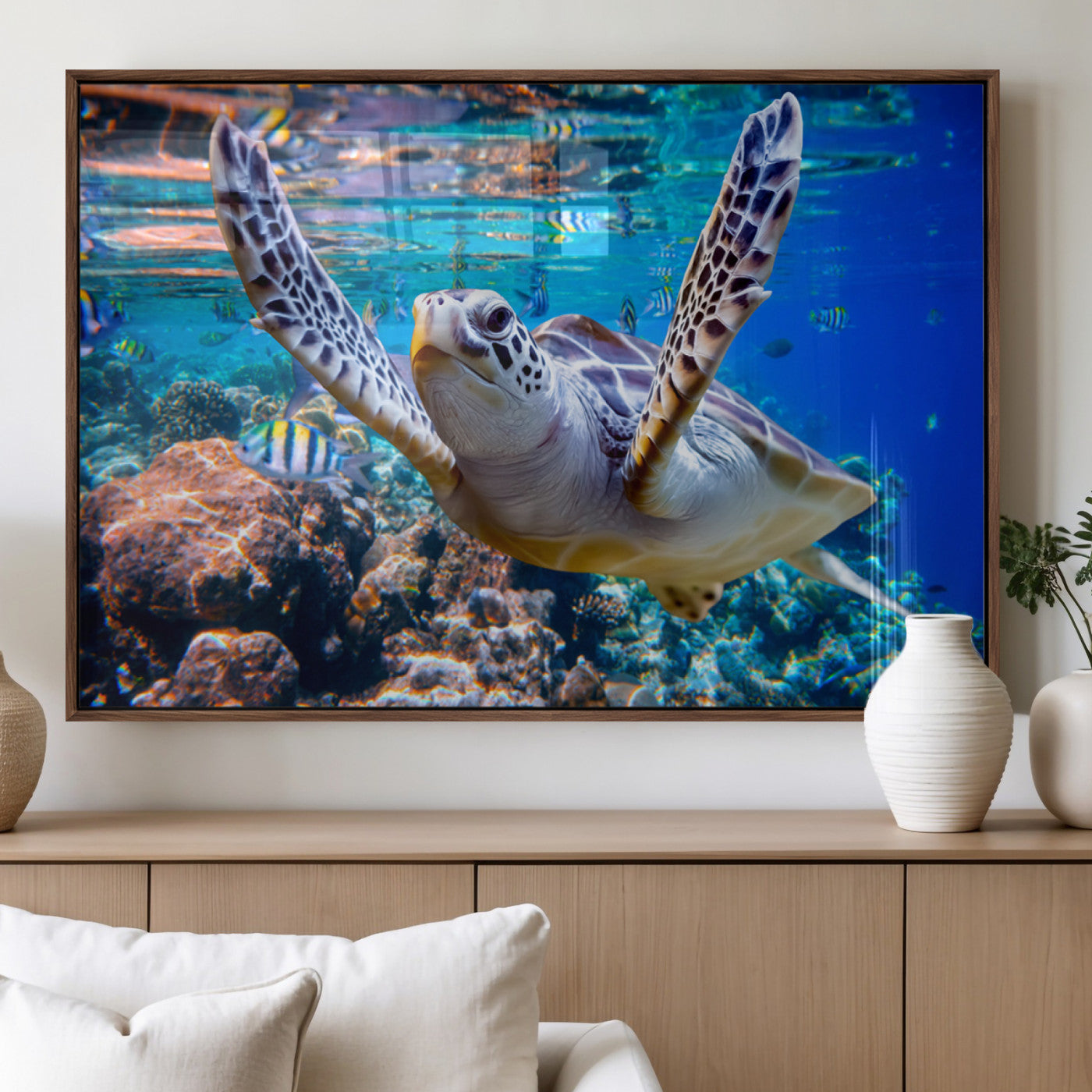 12683-MGV-FP-36X24-3P_Walnut-Sea Turtle Wall Art – Graceful Ocean Canvas Print with Coral Reef and Tropical Fish, Coastal Marine Life Decor for Beach House,