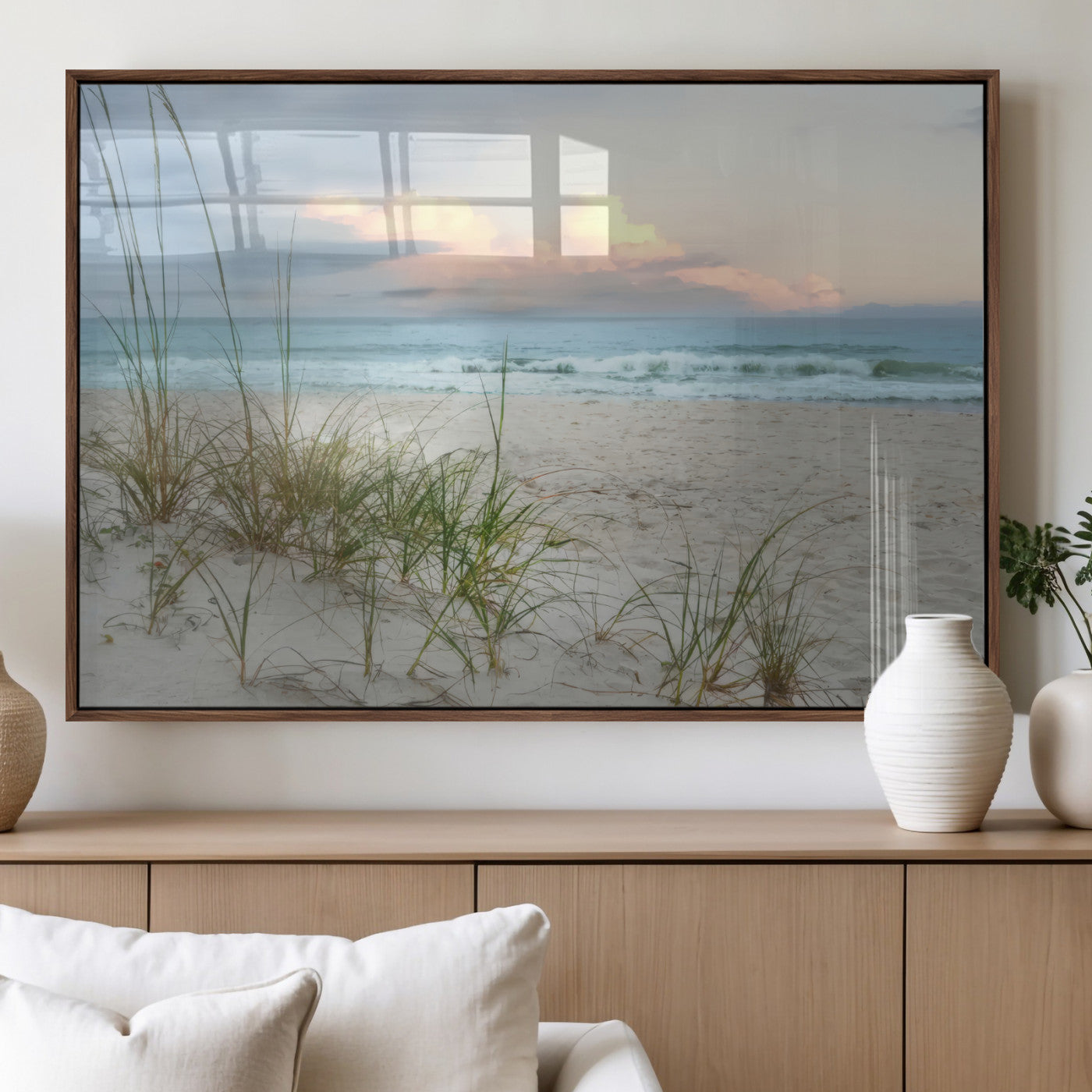 Test1001-MGV-FP-36X24-3P_Walnut-Coastal Beach Wall Art – Panoramic Ocean Waves and Sandy Dunes Canvas Print, Serene Seascape with Sea Oats for Relaxing Home or