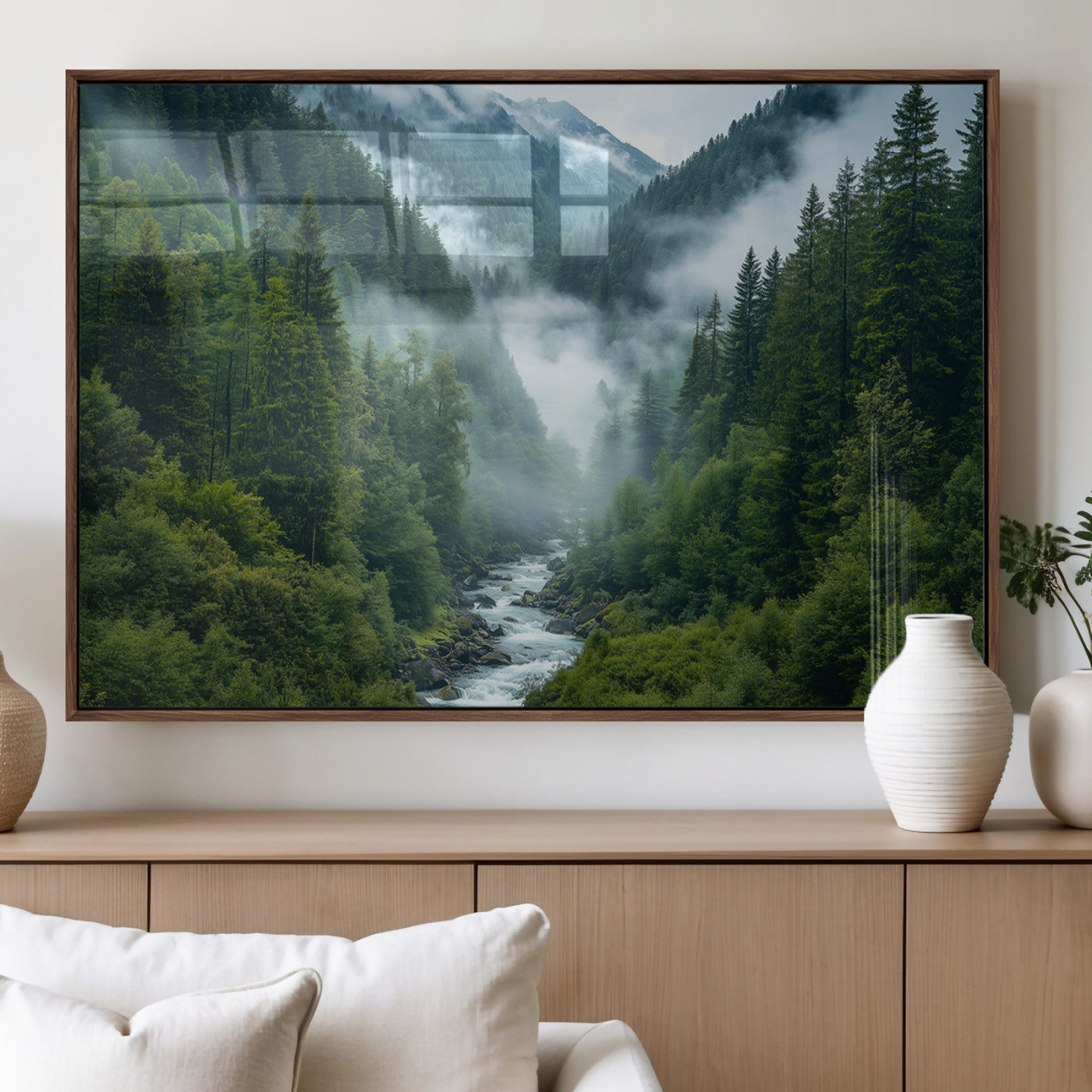 69453-MGV-FP-36X24-3P_Walnut-Mountain Forest Wall Art – Misty River and Evergreen Landscape Canvas Print, Nature Photography Poster for Living Room, Bedroom,