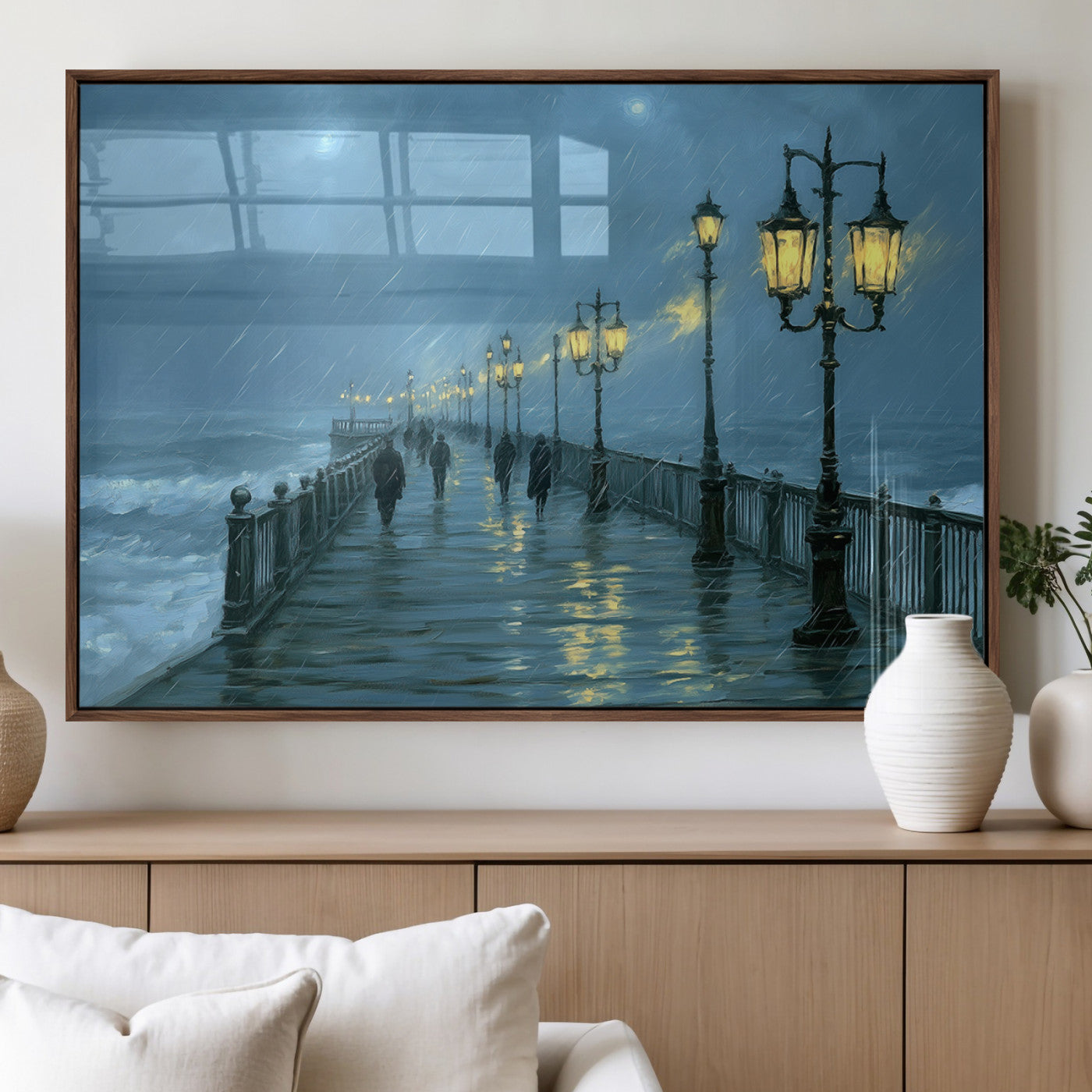 79606-MGV-FP-36X24-3P_Walnut-Rainy Pier Night Wall Art – Ocean Waves and Street Lamps Canvas Print, Moody Seascape Oil Painting Poster for Living Room,