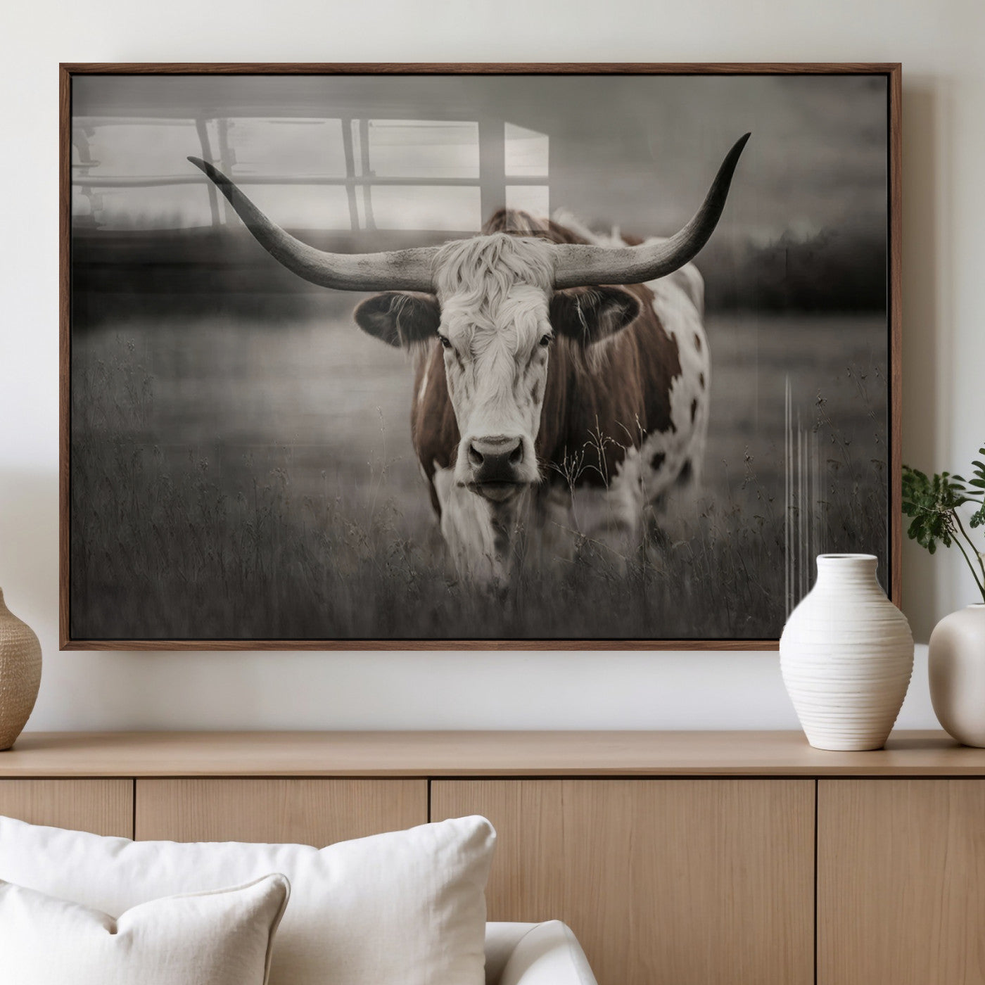 69238-MGV-FP-36X24-3P_Walnut-Longhorn Bull Wall Art – Rustic Black and White Texas Cattle Canvas Print, Western Farmhouse Animal Photography for Living Room,