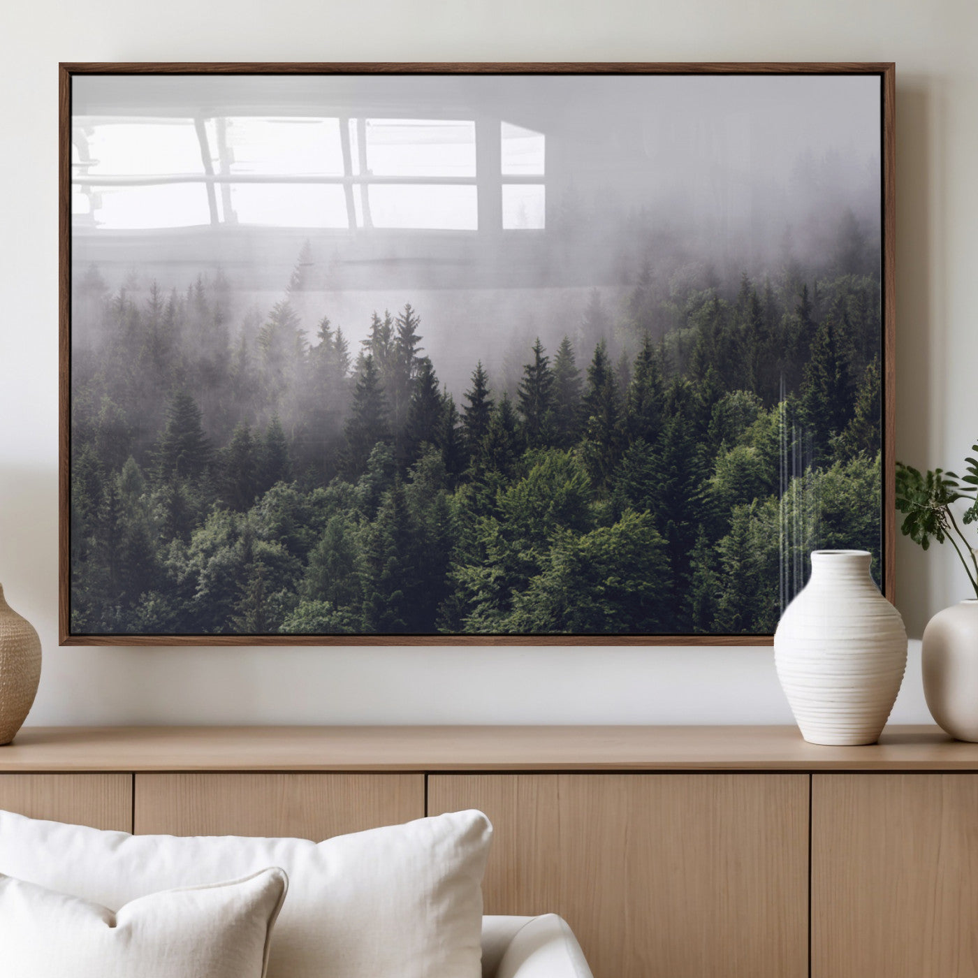 42578900-MGV-FP-60X30-3P_Walnut-Misty Forest Wall Art – Serene Mountain Pine Tree Canvas Print, Nature Landscape Decor for Bedroom, Living Room, Office or Rustic