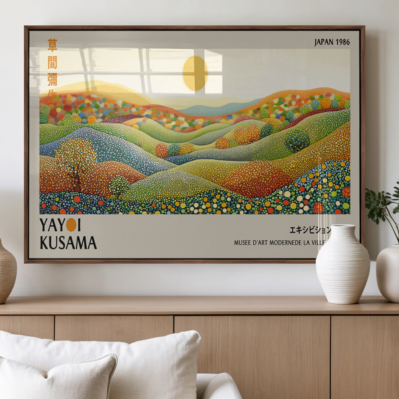 33864-MGV-FP-60X30-3P_Walnut-Pointillism Yayoi Wall Art Canvas Print, Framed Yayoi Kusama Art Picture Print, Yayoi Kusama Dot Perfect Abstract Nature Decor