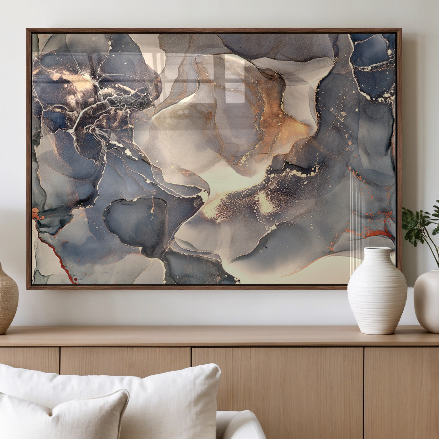 18202-MGV-FP-36X24-3P_Walnut-Abstract Neutral Wall Art – Blue, Beige and Gold Fluid Ink Canvas Print, Modern Minimalist Painting for Living Room, Office