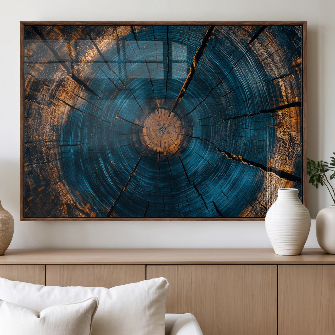 13398-MGV-FP-36X24-3P_Walnut-Tree Ring Wall Art – Abstract Wood Grain Canvas Print with Blue and Orange Accents, Rustic Nature Inspired Artwork for Living
