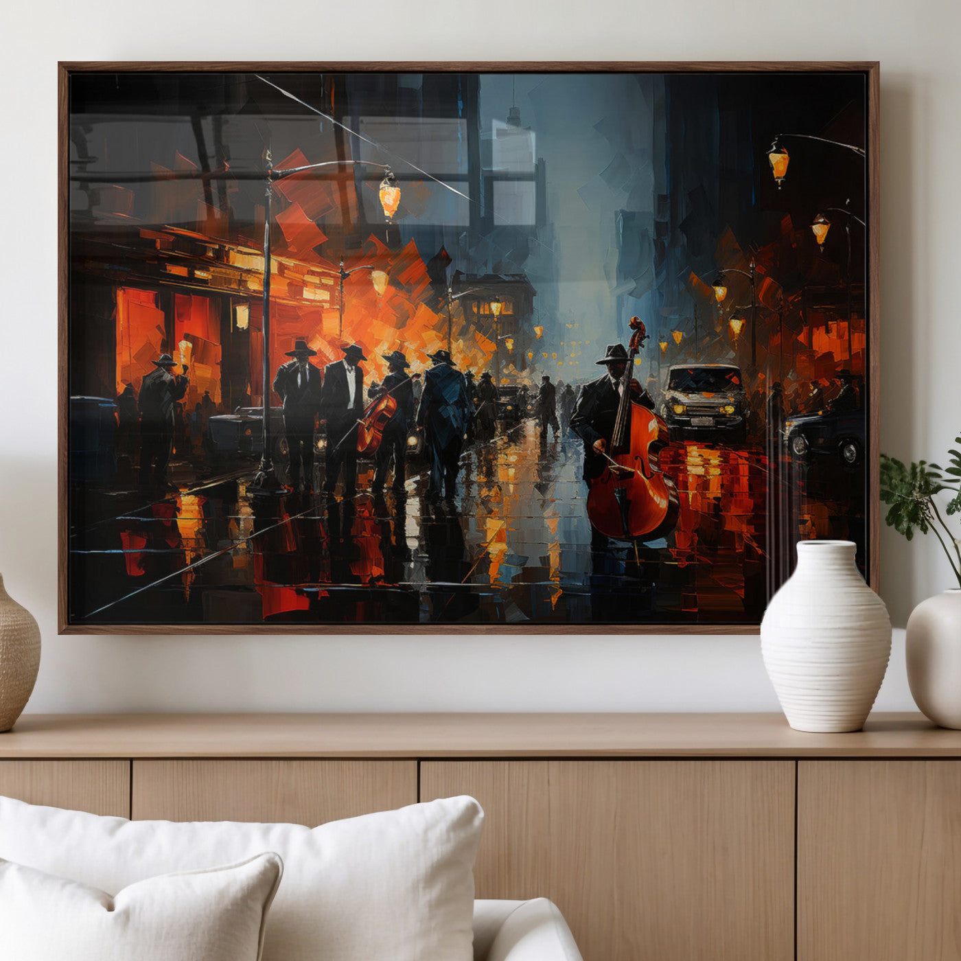 32816-MGV-FP-36X24-3P_Walnut-City Jazz Night Wall Art – Modern Abstract Urban Street Scene Canvas Print, Moody Music-Themed Decor for Living Room, Office, or