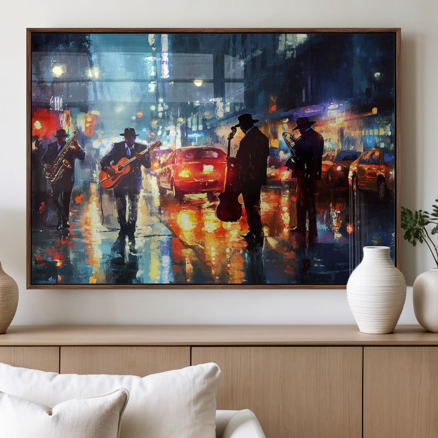 94605-MGV-FP-36X24-3P_Walnut-City Jazz Night Wall Art – Vibrant Music Canvas Print Featuring Saxophone, Guitar and Bass Players, Urban Street Scene Artwork for