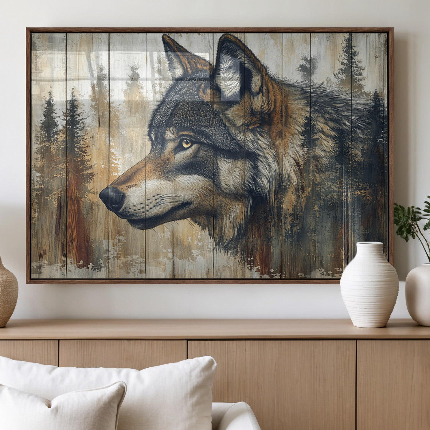 91882-MGV-FP-36X24-3P_Walnut-Wolf Wall Art – Rustic Canvas Print of Forest Wolf on Wood Background, Wildlife Lodge Artwork for Living Room, Bedroom, Cabin, or