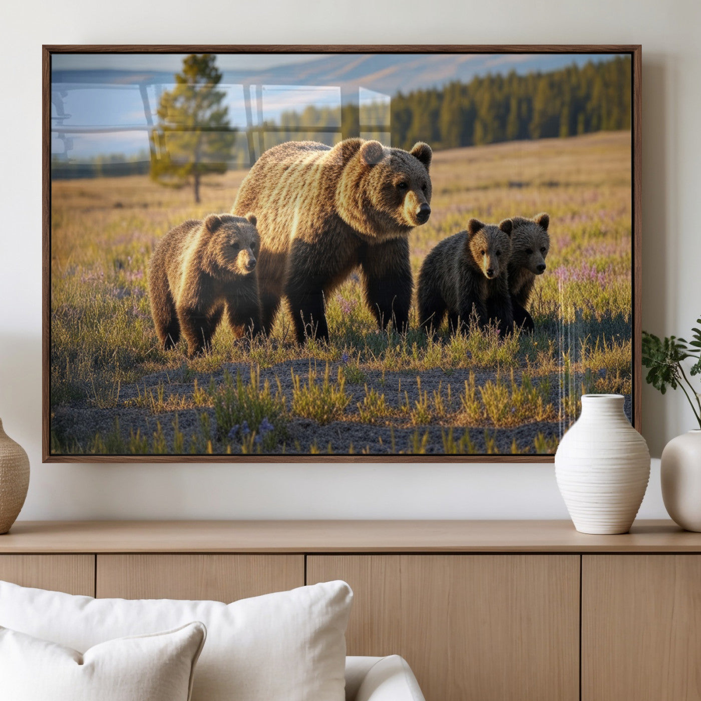 43400-MGV-FP-36X24-3P_Walnut-Bear Family Wall Art – Wildlife Canvas Print of Mother Bear with Cubs in Sunlit Meadow, Rustic Animal Artwork for Living Room,