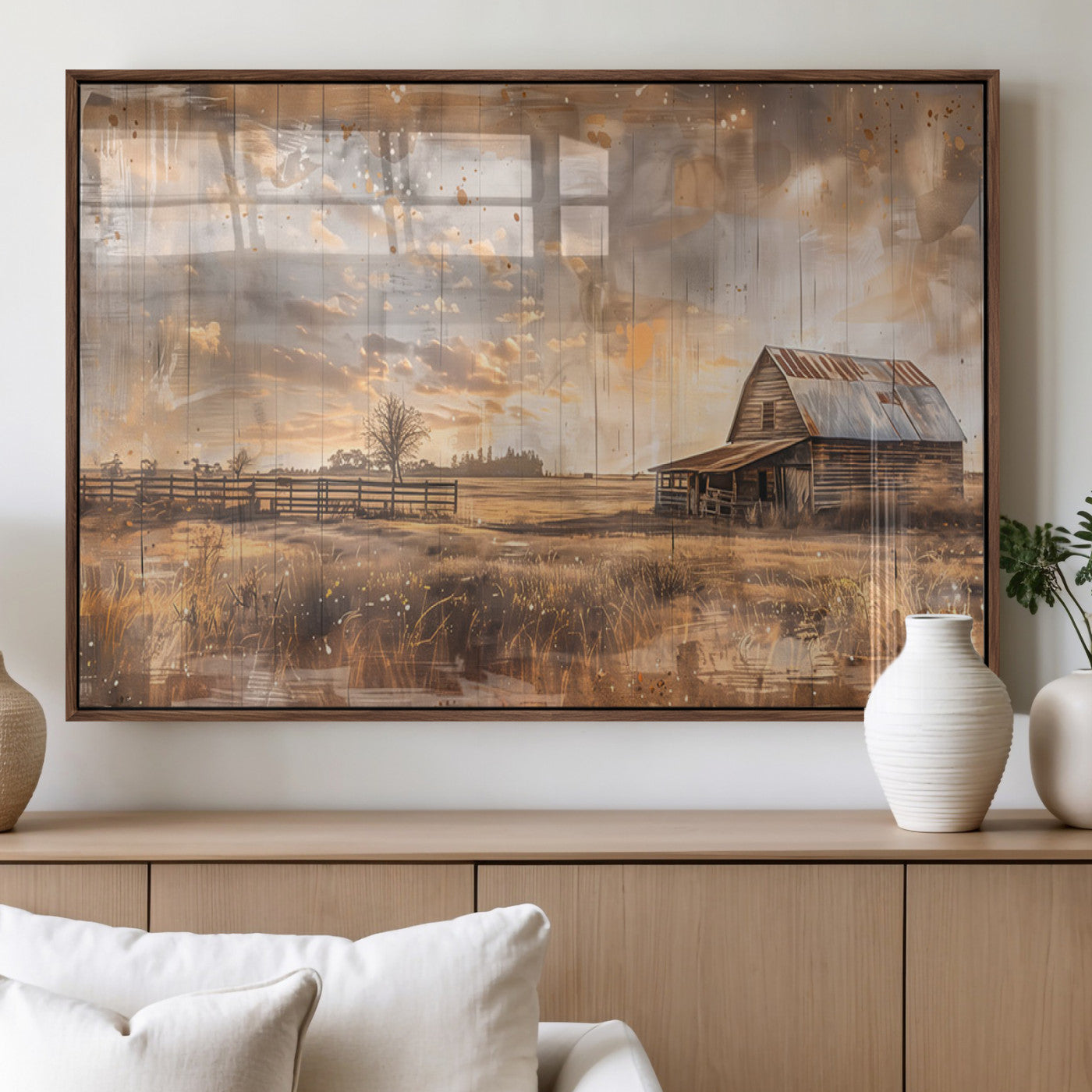 FARM2-MGV-FP-36X24-3P_Walnut-Rustic Farmhouse Wall Art Canvas Print, Framed Old Barn Art Picture Print, Southwestern Farmhouse Perfect Rustic Decor Artwork