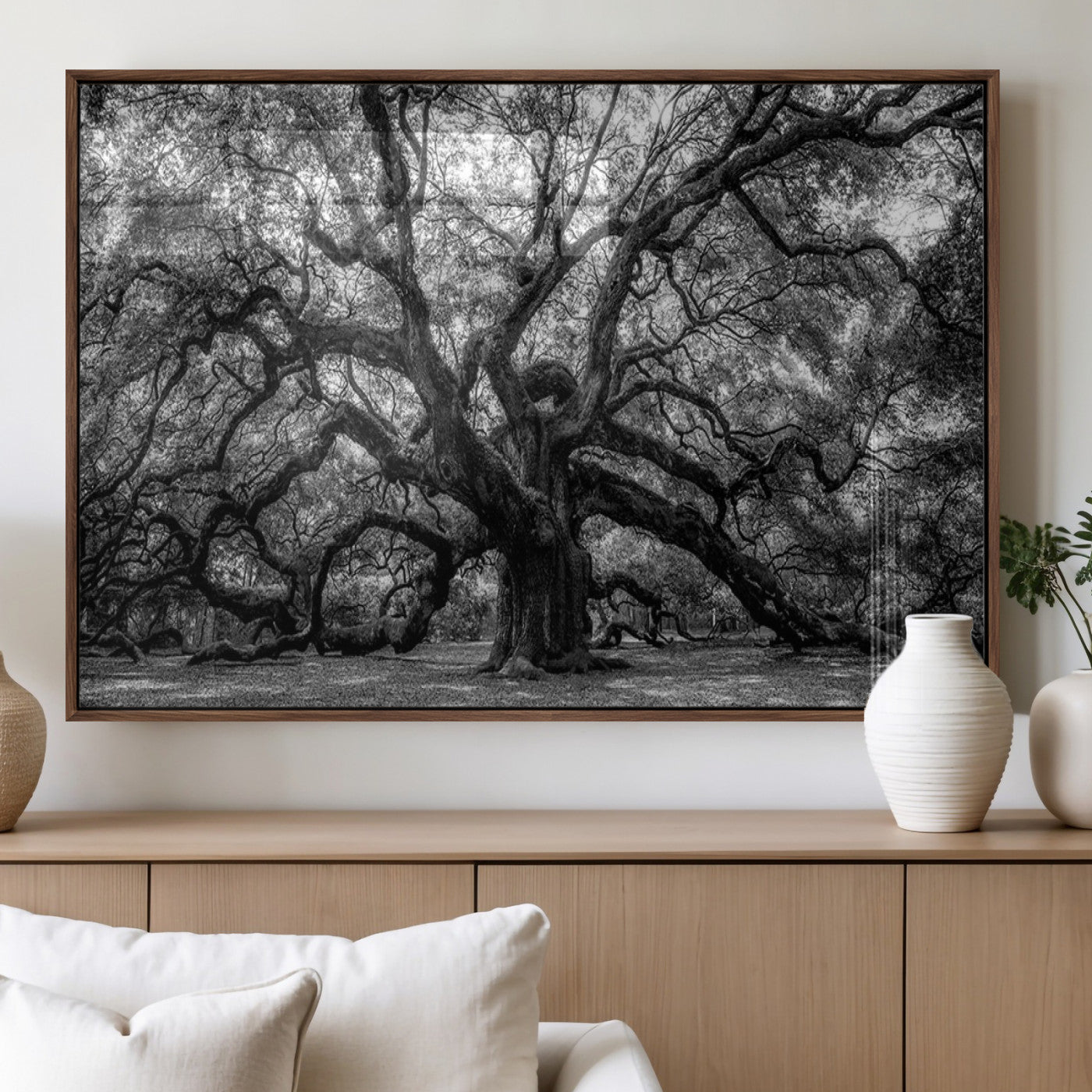 132944706-MGV-FP-36X24-3P_Walnut-Ancient Tree Wall Art – Black and White Photography Canvas Print Featuring Majestic Twisting Branches, Rustic Nature Artwork for