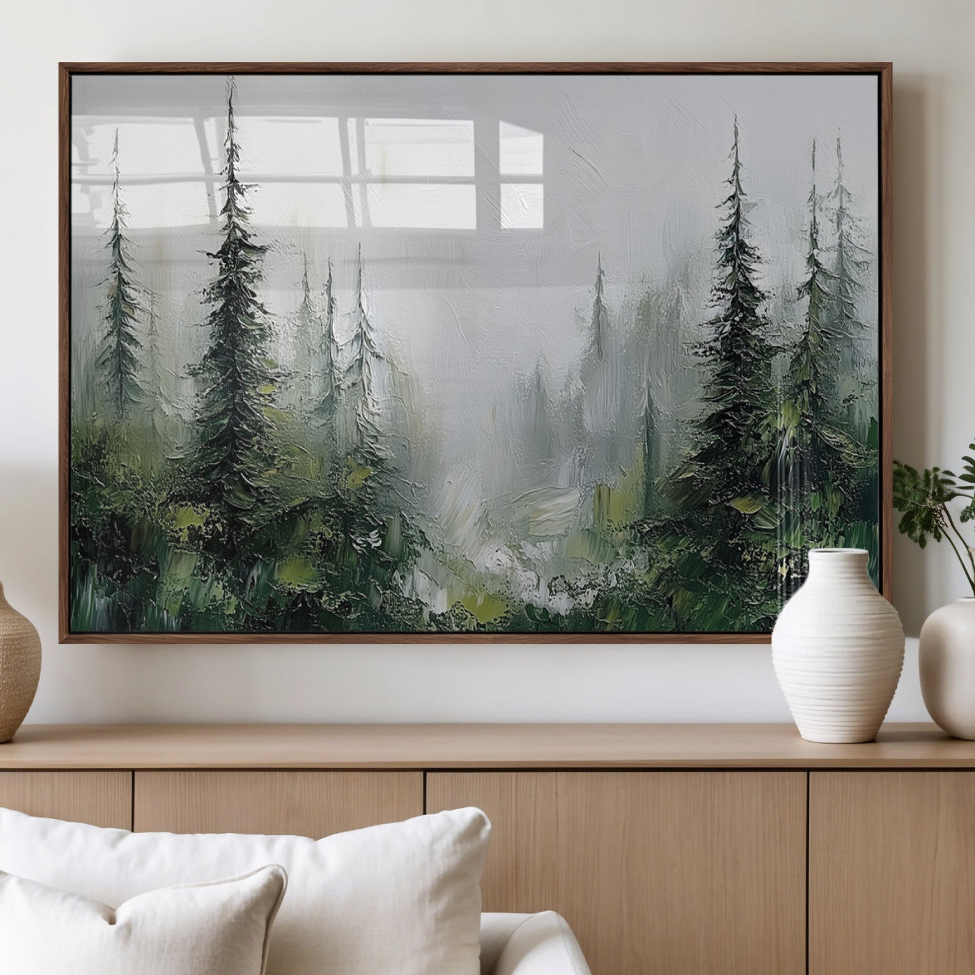 76014-MGV-FP-36X24-3P_Walnut-Forest Wall Art – Textured Canvas Print Featuring Misty Evergreen Pines and Woodland Landscape, Rustic Nature Artwork for Living