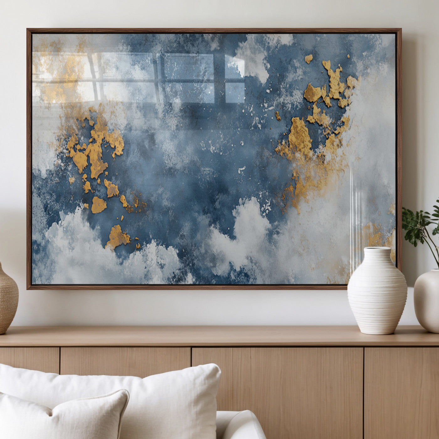 39575-MGV-FP-36X24-3P_Walnut-Blue and Gold Abstract Wall Art – Modern Canvas Print Featuring Cloudy Textures with Metallic Accents, Contemporary Artwork for