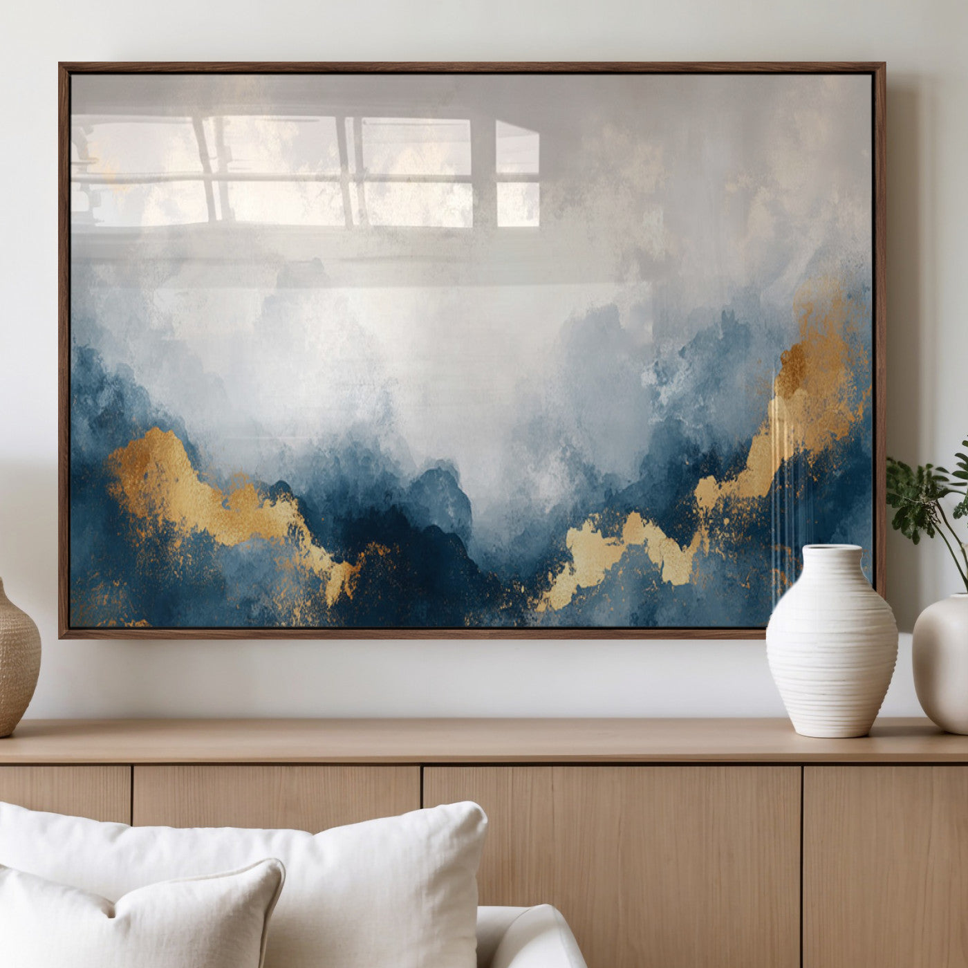 14578-MGV-FP-36X24-3P_Walnut-Abstract Wall Art – Modern Canvas Print Featuring Blue and White Clouds with Golden Accents, Contemporary Elegant Artwork for
