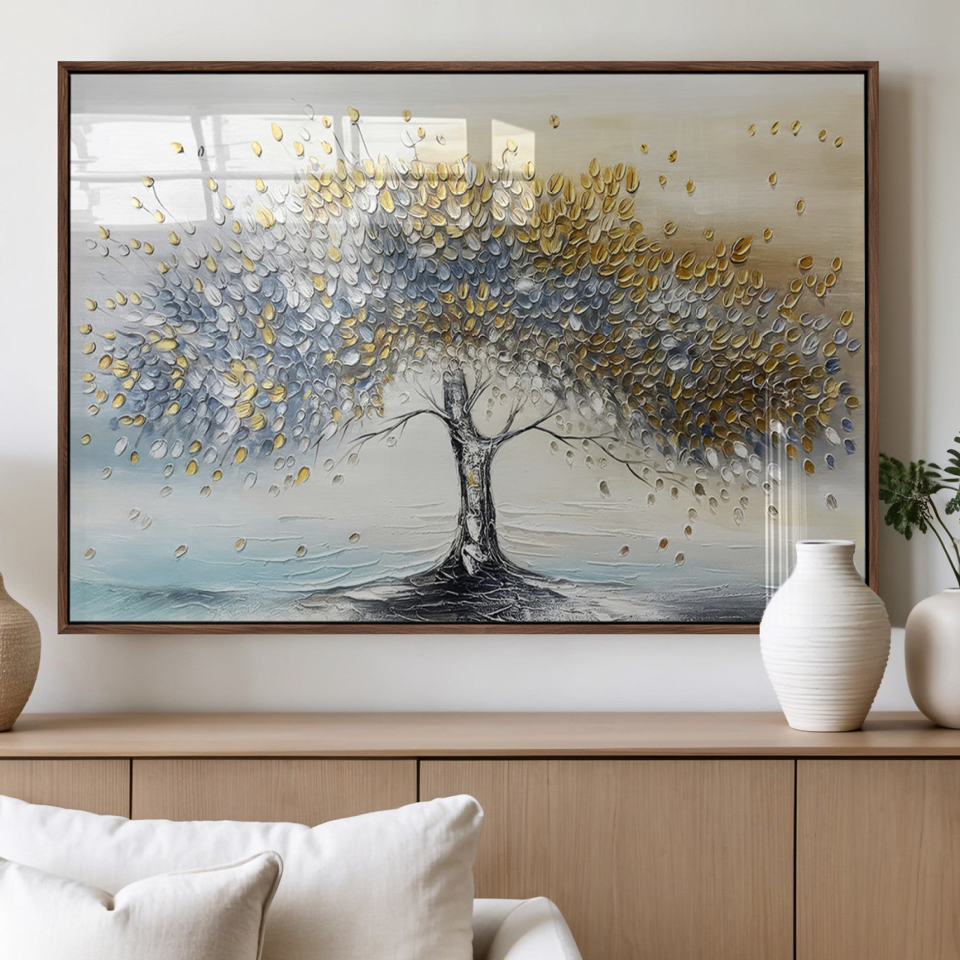 24771-MGV-FP-36X24-3P_Walnut-Silver Tree Wall Art Canvas Print, Framed Golden Leaves Art Picture Print, Metallic Tree Perfect Minimalist Luxury Decor Artwork