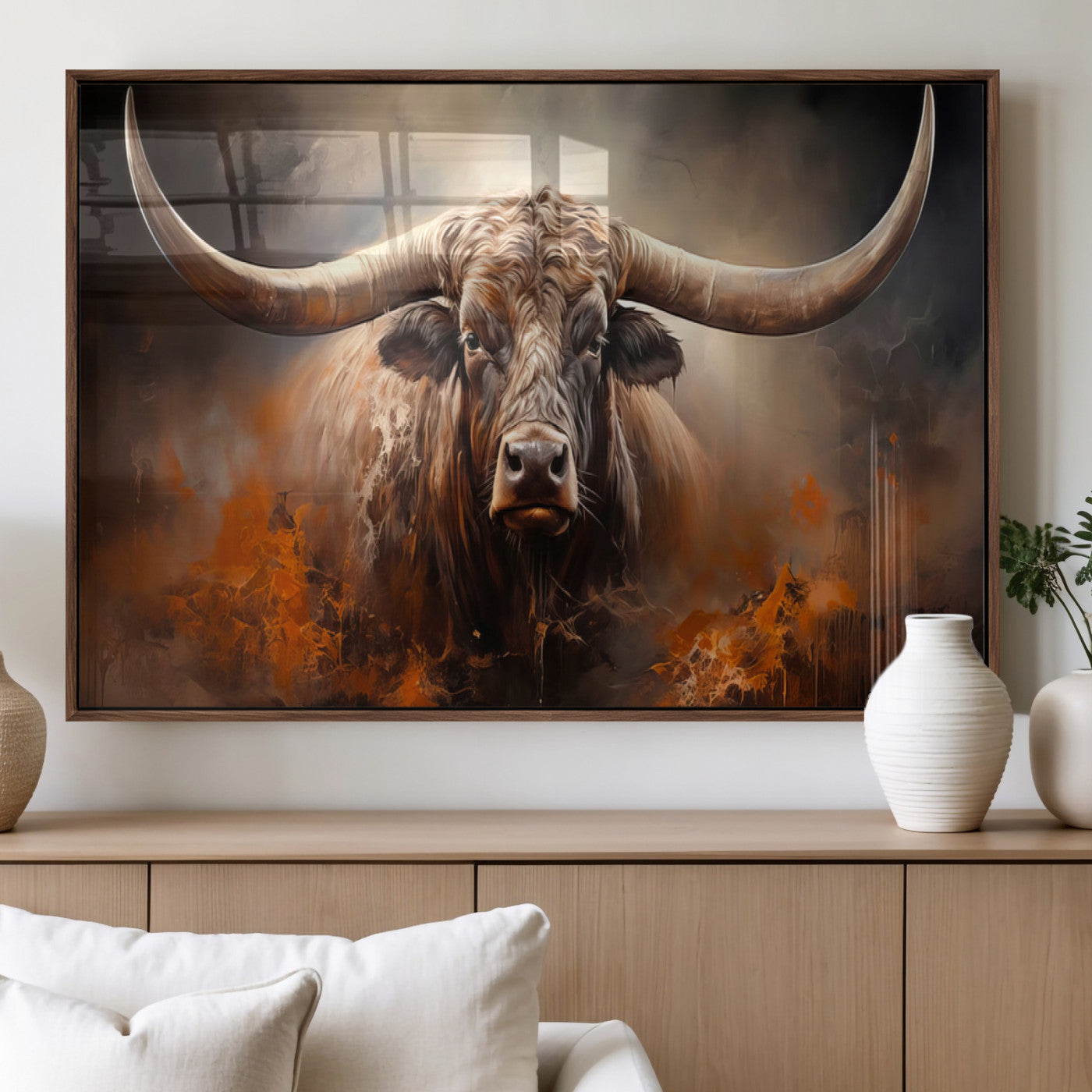 240479-MGV-FP-36X24-3P_Walnut-Longhorn Bull Wall Art – Dramatic Western Canvas Print Featuring Horned Bull with Fiery Background, Rustic Farmhouse Artwork for