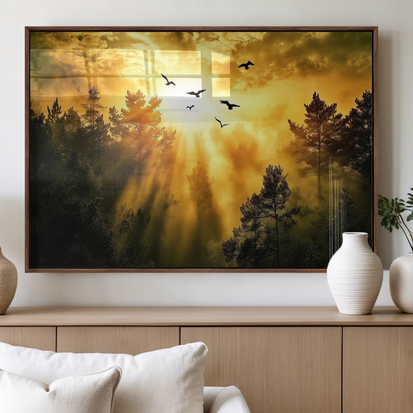 13776802-MGV-FP-36X24-3P_Walnut-Golden Forest Wall Art Canvas Print, Framed Sunset Pines Art Picture Print, Flying Birds Perfect Nature Glow Decor Artwork