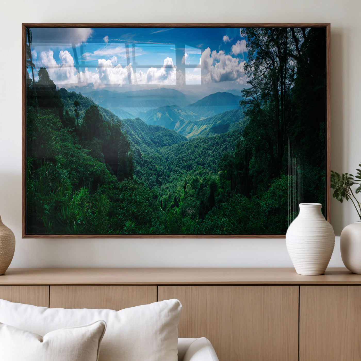 74439378-MGV-FP-36X24-3P_Walnut-Tropical Jungle Wall Art Canvas Print, Framed Lush Valley Art Picture Print, Forest Mountains Perfect Tropical Wilderness Decor