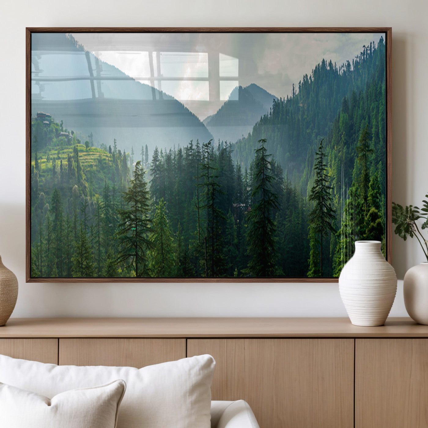 83417191-MGV-FP-36X24-3P_Walnut-Misty Mountain Forest Wall Art – Pine Tree Landscape Canvas Print, Nature Photography Panorama, Tranquil Green Forest Décor for