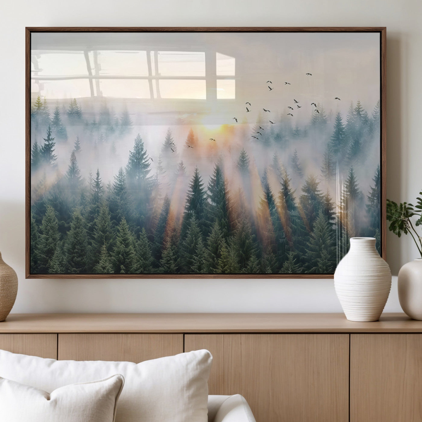 92718976-MGV-FP-36X24-3P_Walnut-Misty Forest Wall Art Canvas Print, Framed Sunrise Pines Art Picture Print, Foggy Woodland Perfect Moody Woodland Decor Artwork