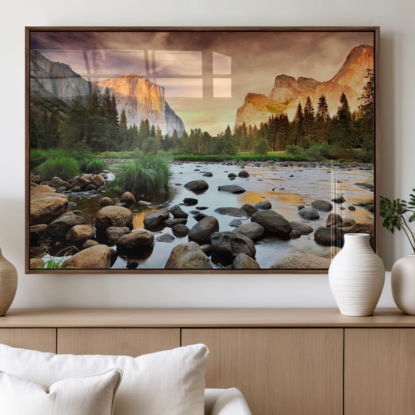 90956031-MGV-FP-36X24-3P_Walnut-Yosemite Valley Wall Art – Scenic Mountain River Landscape Canvas Print, Nature Photography for Living Room, Bedroom, Cabin,