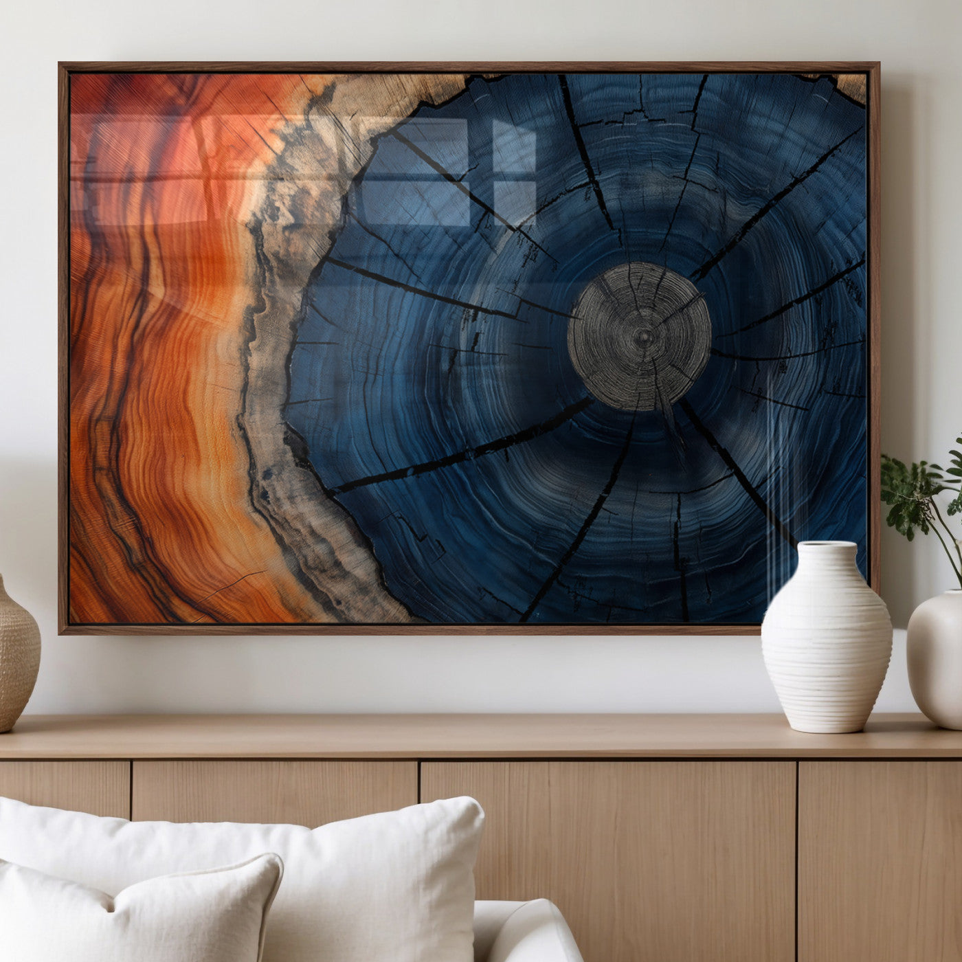 26110607-MGV-FP-36X24-3P_Walnut-Blue and Orange Tree Ring Wall Art – Abstract Wood Cross Section Canvas Print, Modern Rustic Nature Decor for Living Room, Office,