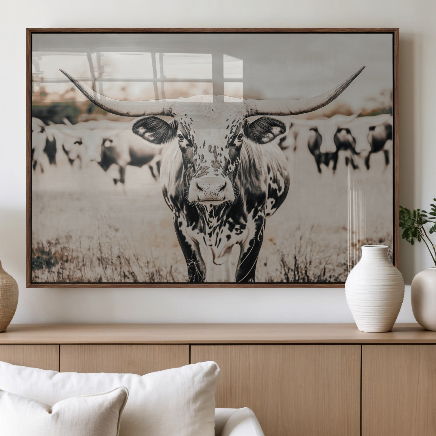 27497342-MGV-FP-36X24-3P_Walnut-Texas Longhorn Wall Art Canvas Print, Framed Speckled Cow Art Picture Print, Horned Cattle Perfect Rustic Western Decor Artwork