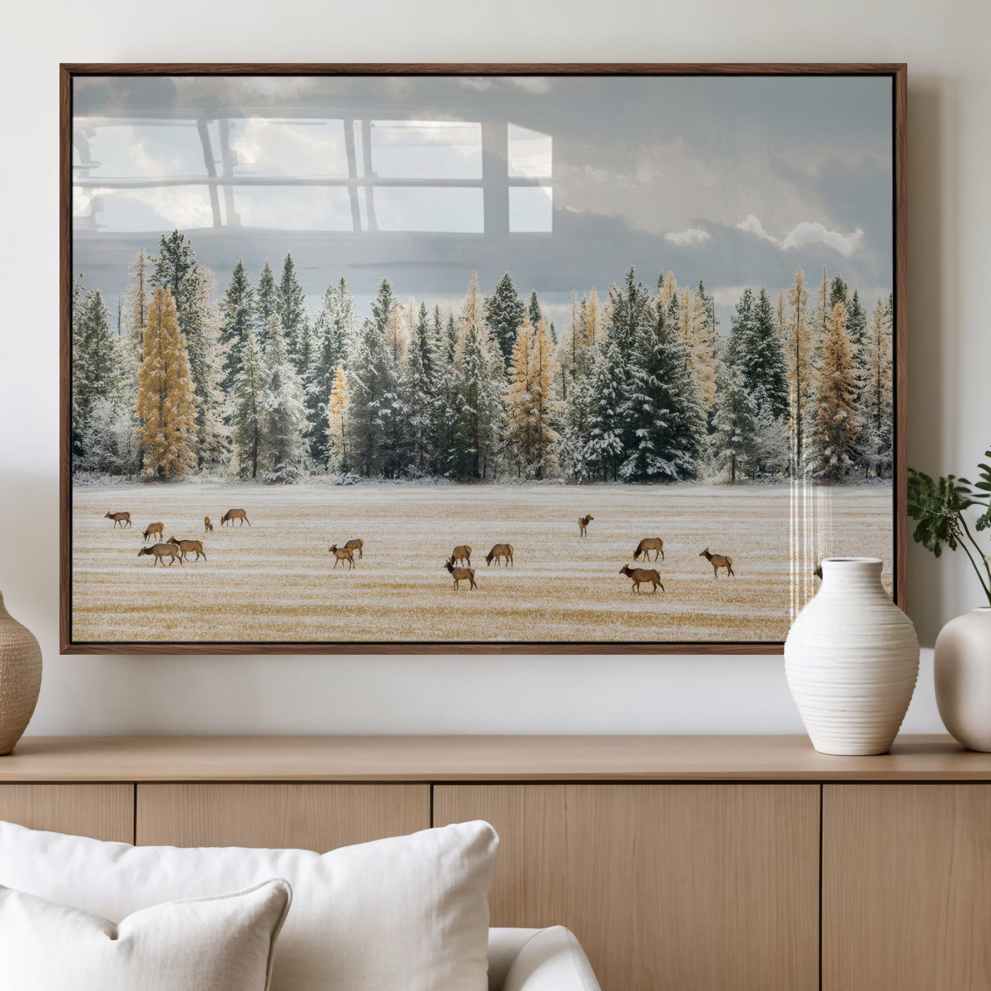 64188182-MGV-FP-36X24-3P_Walnut-Elk Herd Wall Art Canvas Print, Framed Snowy Forest Art Picture Print, Forest Elks Perfect Neutral Rustic Decor Artwork