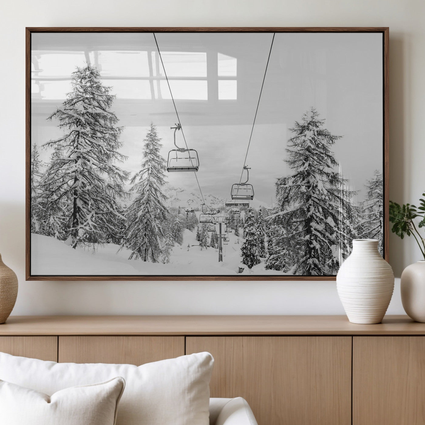 55003599-MGV-FP-36X24-3P_Walnut-Snowy Ski Lift Wall Art Canvas Print, Framed Winter Forest Art Picture Print, Ski lift Ride Perfect Winter Lodge Decor Artwork