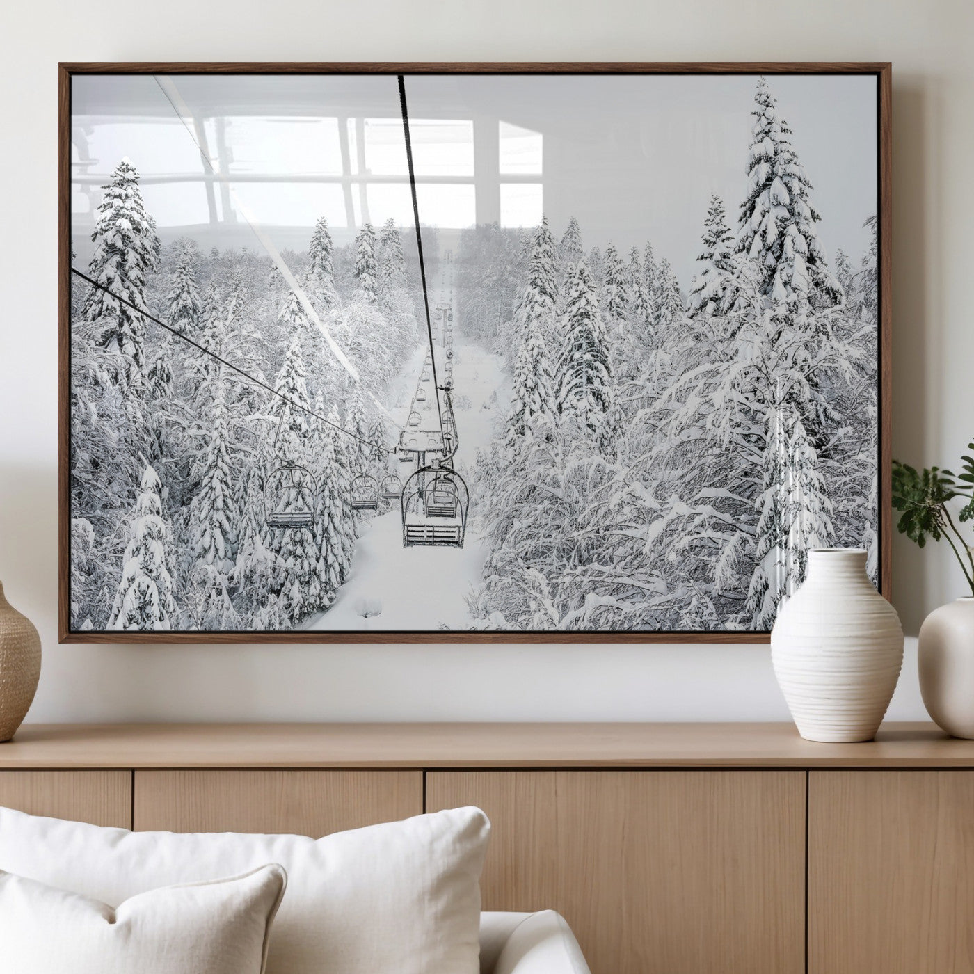 60296839-MGV-FP-36X24-3P_Walnut-Snowy Mountains Wall Art Canvas Print, Framed Ski Lift Art Picture Print, Winter Forest Perfect Winter Minimalist Decor Artwork