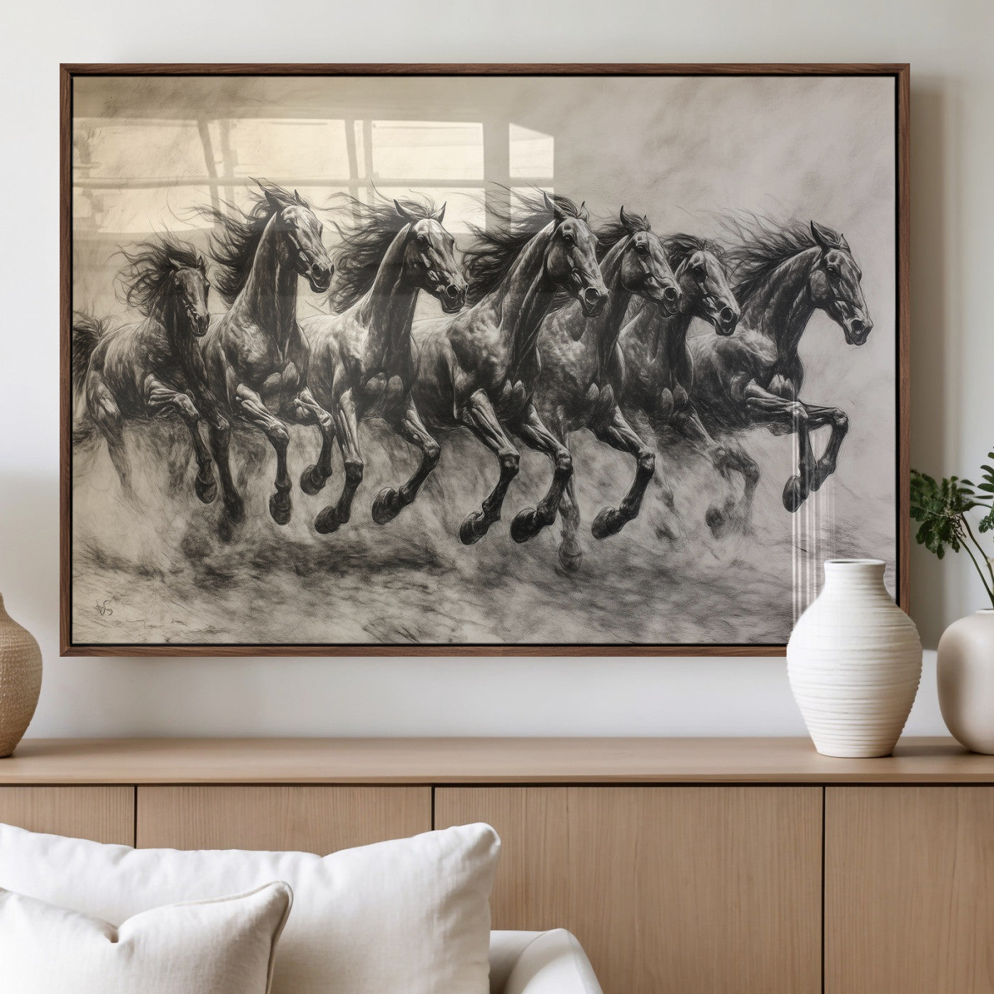 56089591-MGV-FP-60X30-3P_Walnut-Galloping Horses Wall Art Canvas Print, Framed Wild Stallions Art Picture Print, Horse Herd Sketch Perfect Monochrome Dynamic