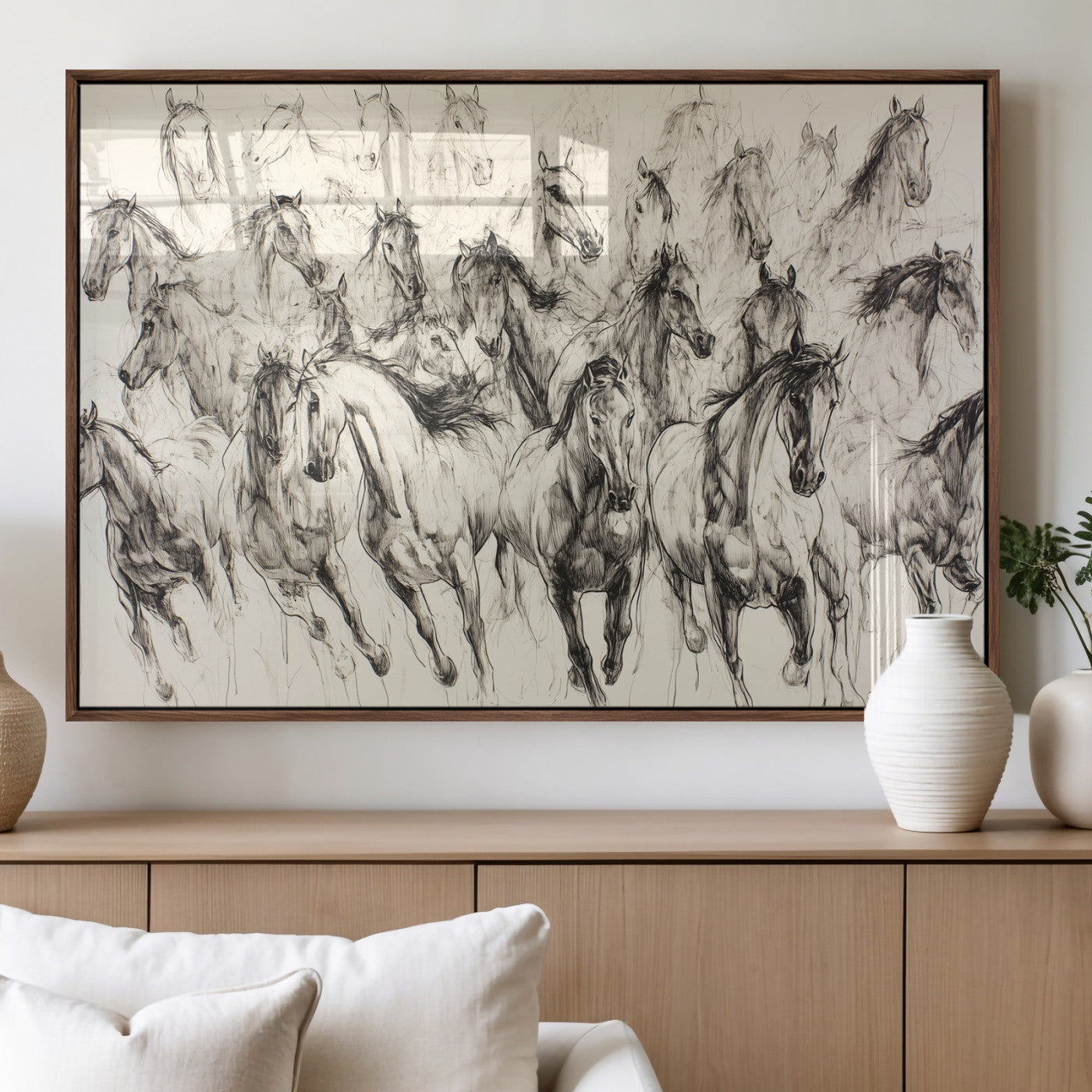 19433417-MGV-FP-36X24-3P_Walnut-Running Horses Wall Art Canvas Print, Framed Horse Sketch Art Picture Print, Galloping Herd Perfect Monochrome Western Decor