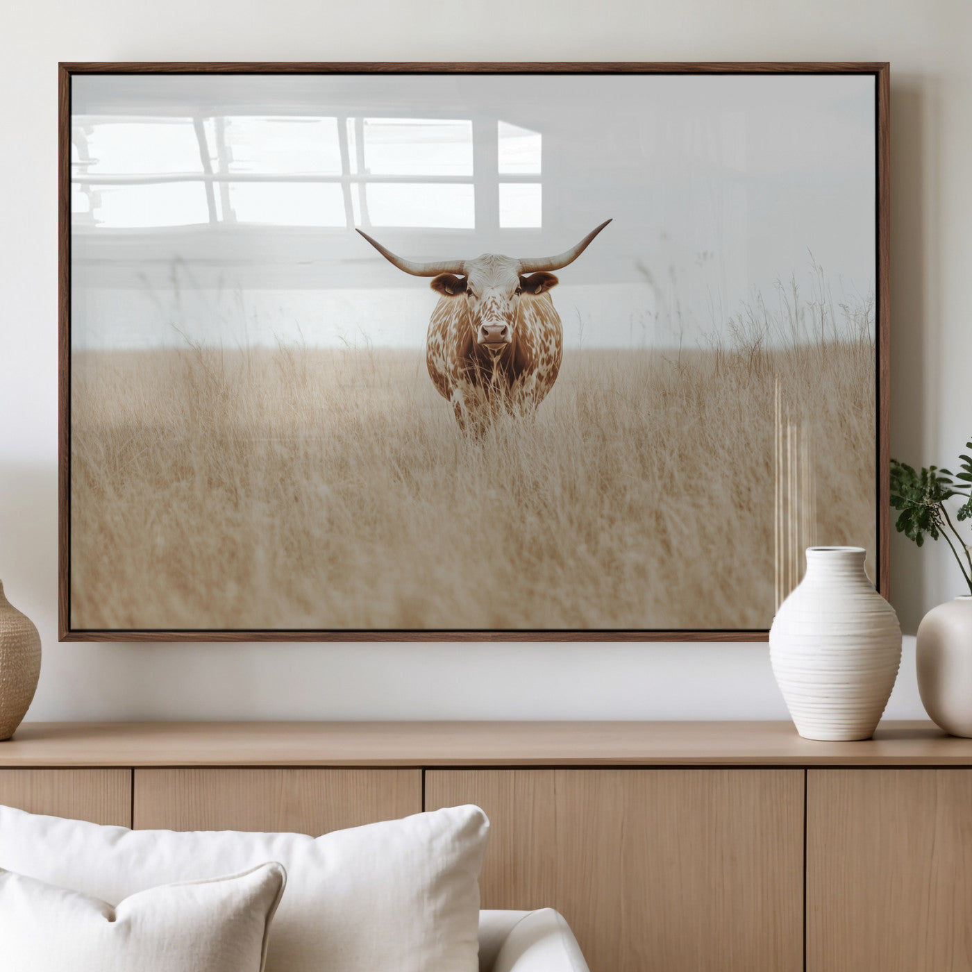 20927060-MGV-FP-60X30-3P_Walnut-Texas Longhorn Wall Art Canvas Print, Framed Lone Cattle Art Picture Print, Longhorn Bull Perfect Rustic Western Decor Artwork