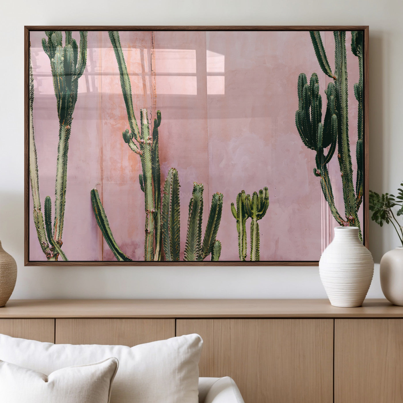 93119502-MGV-FP-60X30-3P_Walnut-Tall Cactus Wall Art Canvas Print, Framed Pink Wall Art Picture Print, Cactus Lines Perfect Modern Desert Decor Artwork
