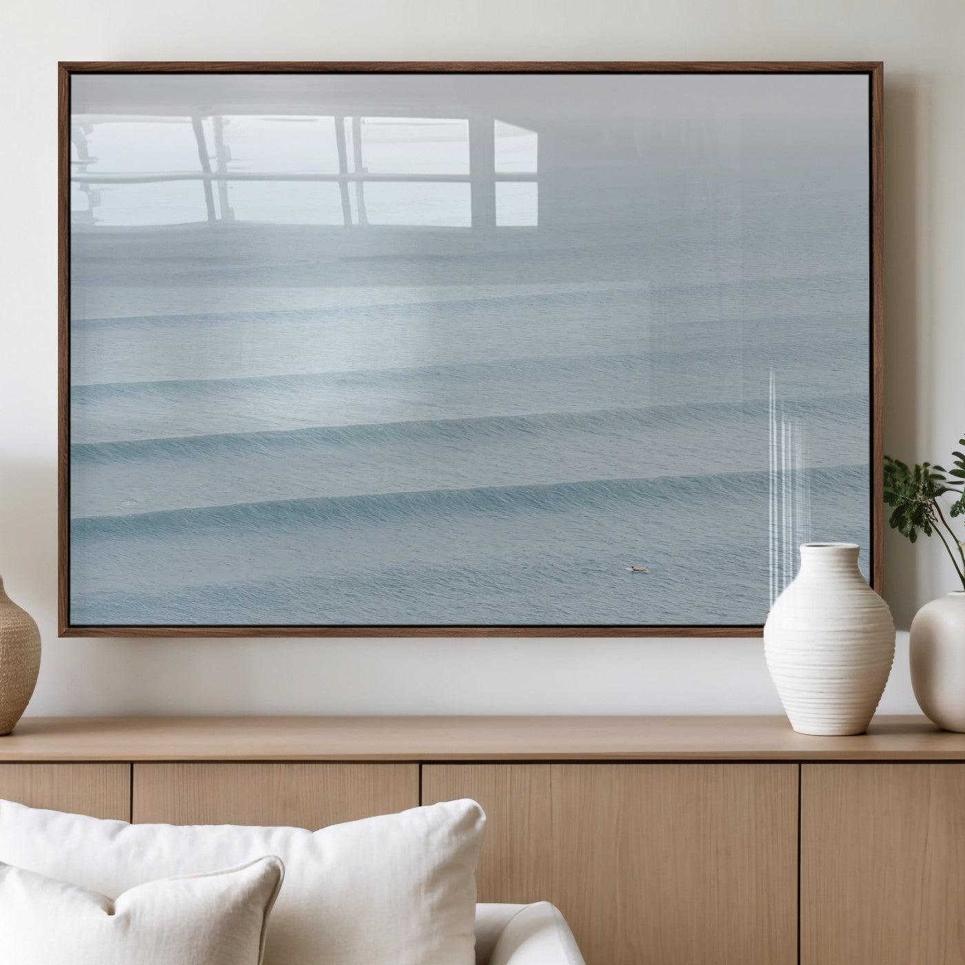 47814787-MGV-FP-60X30-3P_Walnut-Ocean Waves Wall Art Canvas Print, Framed Solo Surfer Art Picture Print, Wave Lines Perfect Minimalist Ocean Decor Artwork