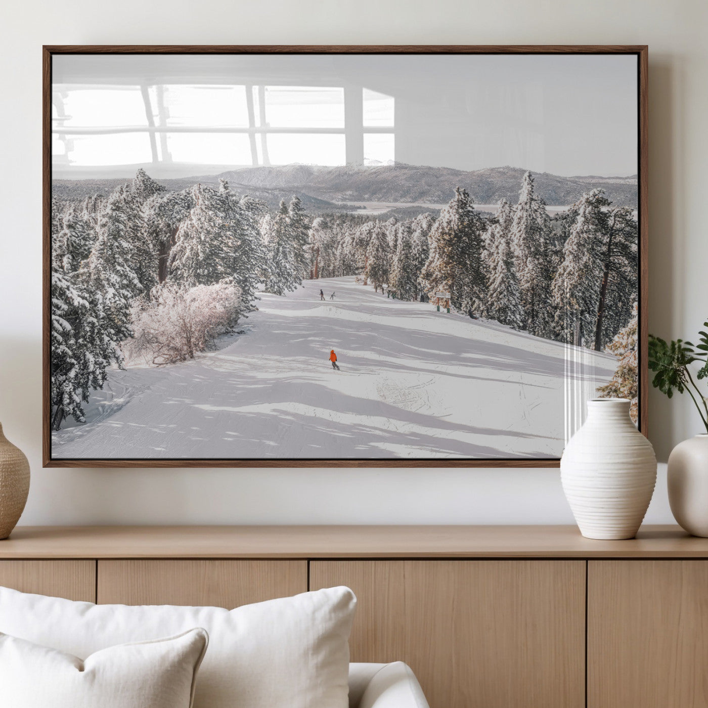 62119206-MGV-FP-60X30-3P_Walnut-Snowy Trail Wall Art Canvas Print, Framed Ski Slope Art Picture Print, Winter Pines Perfect Alpine Adventure Decor Artwork