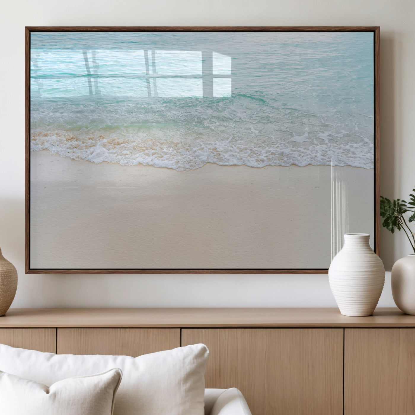 77194056-MGV-FP-60X30-3P_Walnut-Soft Shoreline Wall Art Canvas Print, Framed Gentle Waves Art Picture Print, Clear Water Perfect Minimalist Coastal Decor Artwork