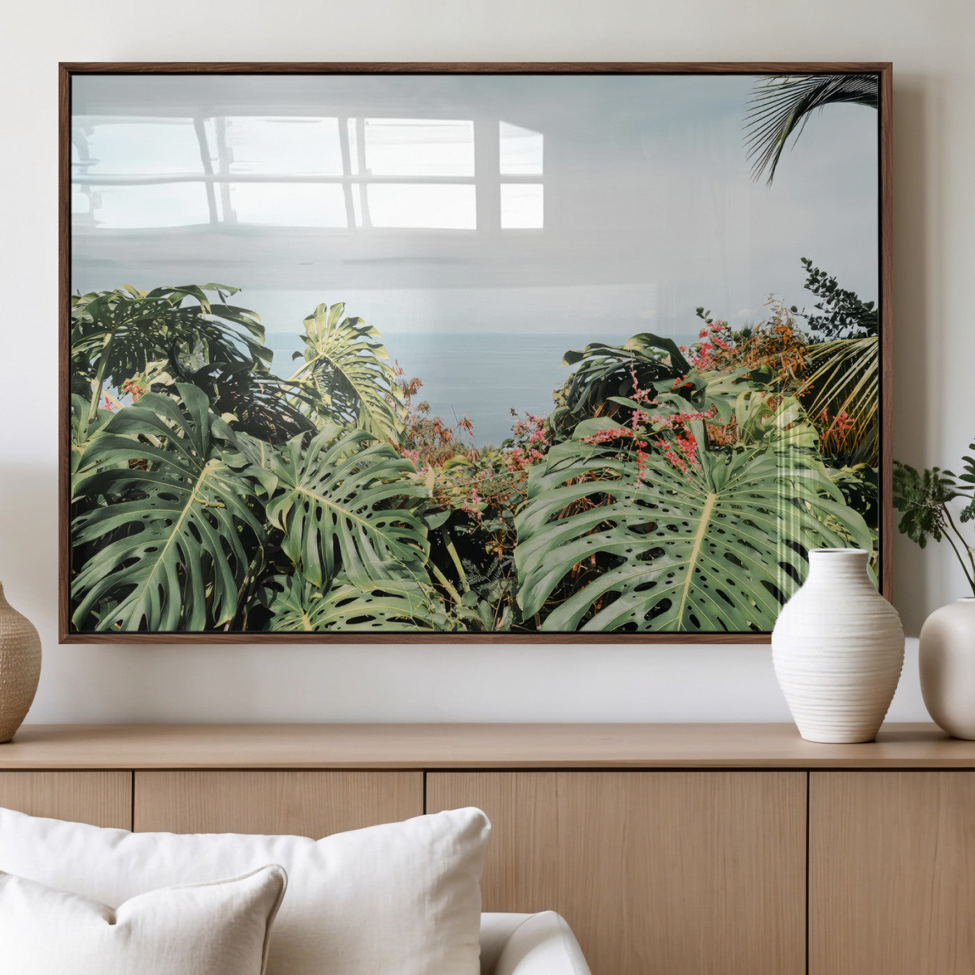 45700479-MGV-FP-60X30-3P_Walnut-Monstera Leaves Wall Art Canvas Print, Framed Tropical Ocean Art Picture Print, Tropical Foliage Perfect Tropical Coastal Jungle