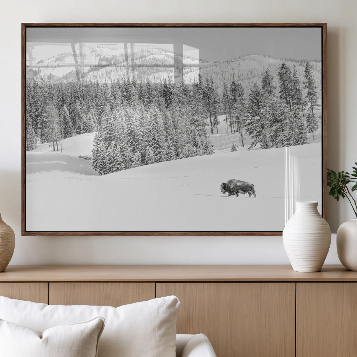 68081143-MGV-FP-60X30-3P_Walnut-Snowy Bison Wall Art Canvas Print, Framed Winter Forest Art Picture Print, Lone Bison Perfect Monochrome Winter Wild Decor Artwork